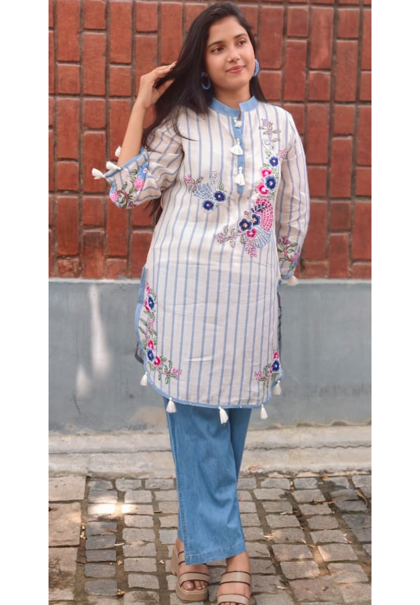 Elegant Blue Striped Pure Cotton Co-Ord Set with lining Floral Embroidery & Tassel Detailing 13727