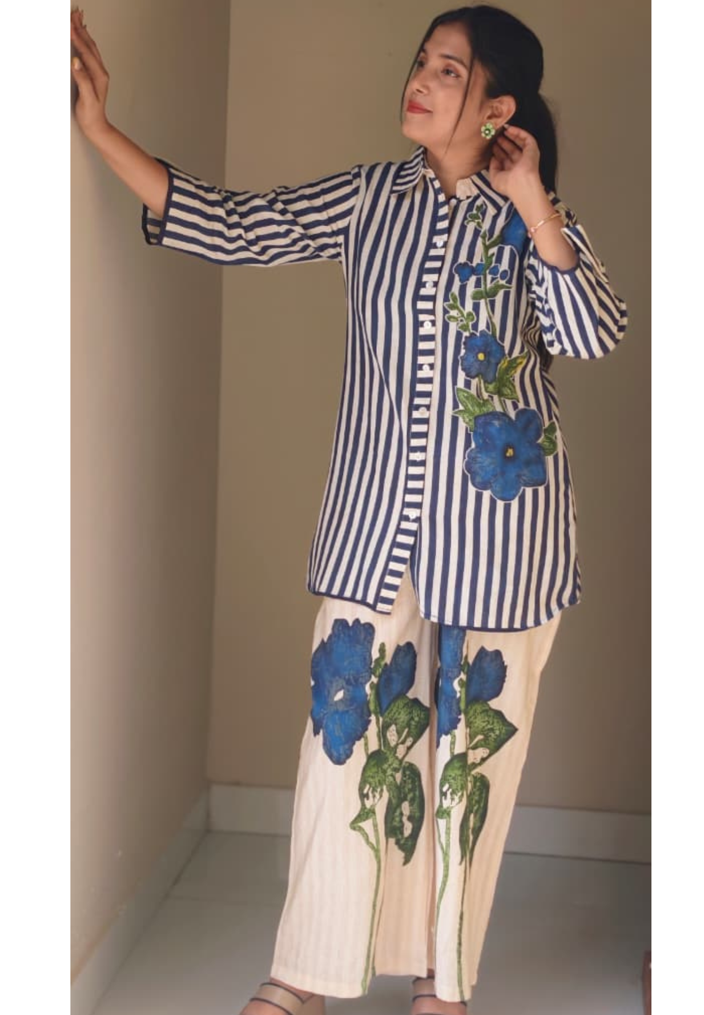 Premium Vertical Stripe Cotton Co-Ord Set with Bold Blue Floral Accent and Smart Collar Neck 13701