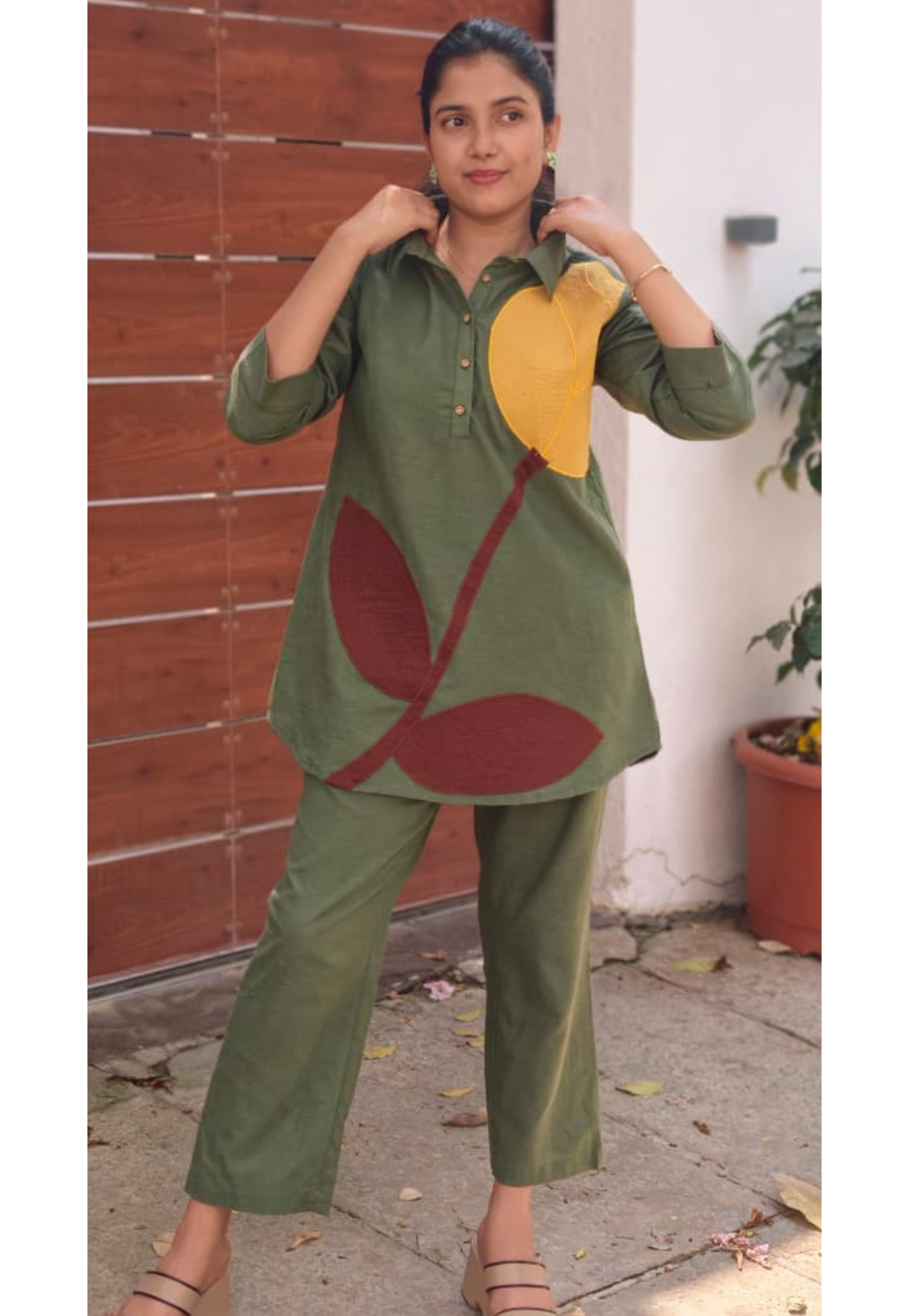 Elegant Olive Green Pure Cotton Co-Ord Set with Abstract Leaf Patchwork Design 13691