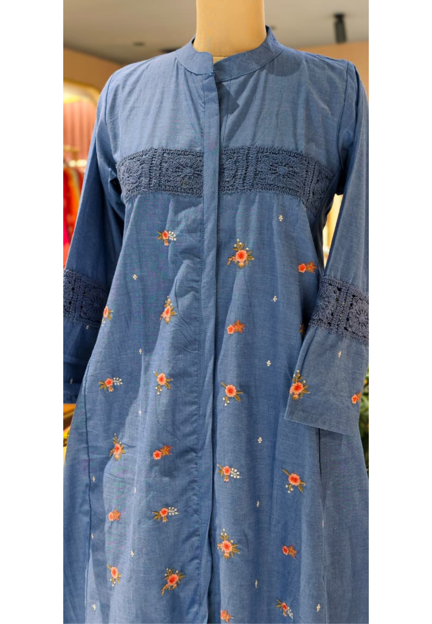 Denim Look Cute Crosia Work Over Waist Floral Embroidery A-Line Kurta Pant Set- 13725