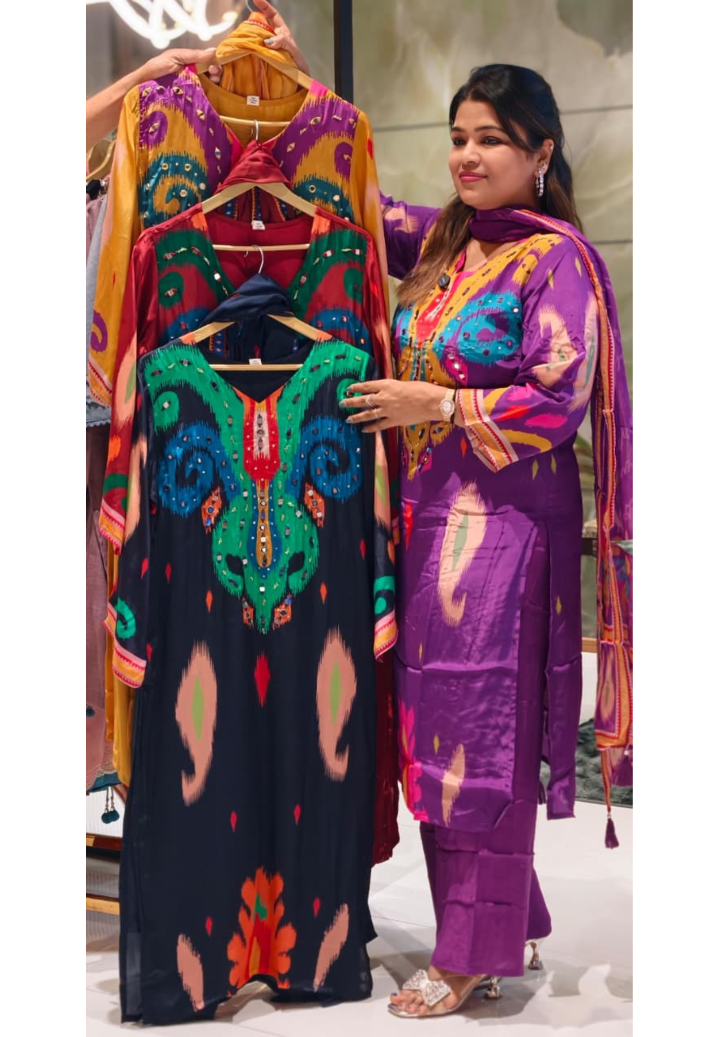 Ikkat Print Vibrant Color Combination Real Mirror Elegance Crepe Full Suit Set With Organza Dupatta, Lining Inside (Slightly Lean Fit)- 13754