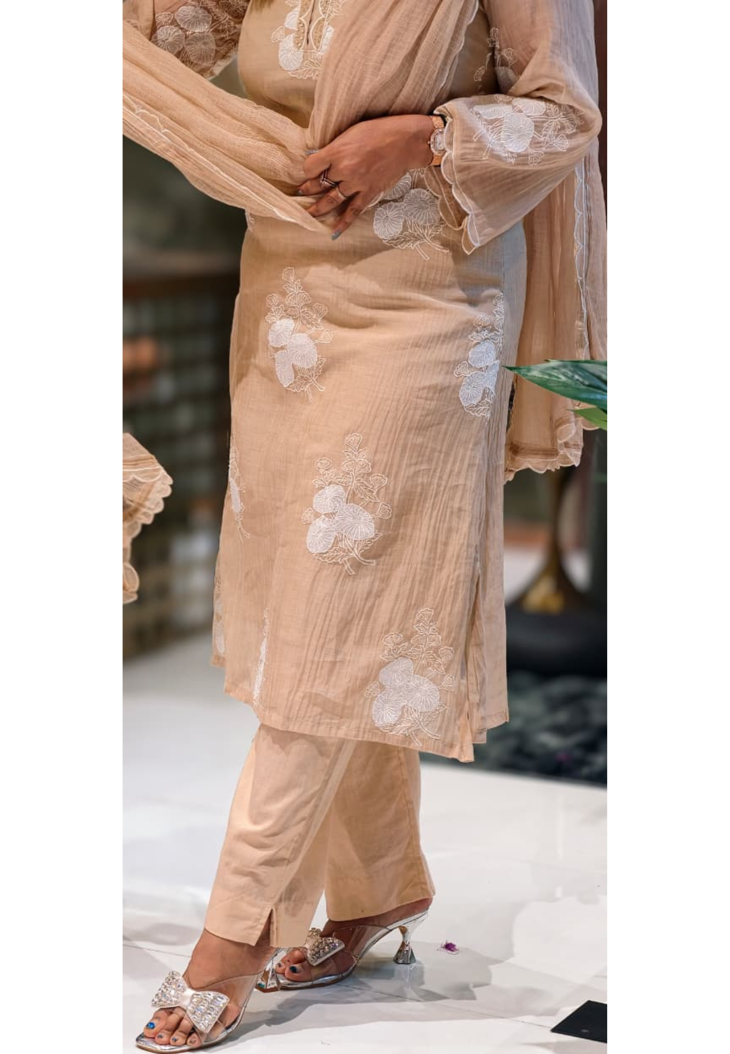 Patched Floral Meadowed Embroidered Crinkled Full Suit Set With Dupatta- 13777