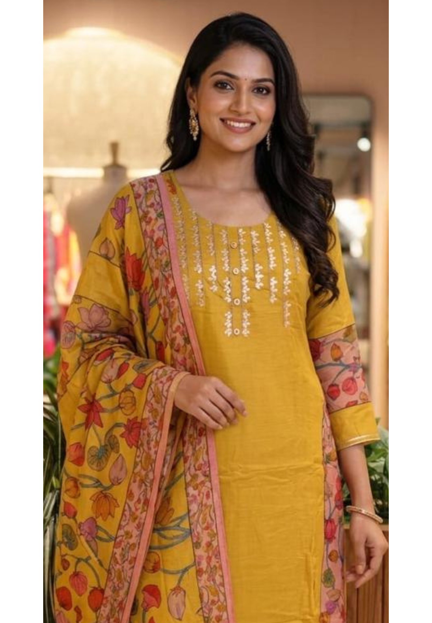 Gotta Paralleled Yoke With Floral Print In Side Slits Full Suit Set With Floral Dupatta In Crepe Fabric- 13758 (Slightly Lean Fit)