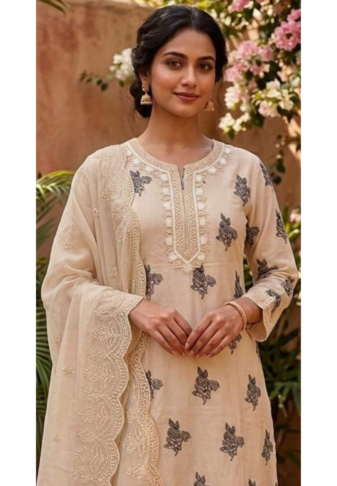 Printed Floral Placement Pearl Embroidered Neck Line Suttle Full Suit Set With Dupatta In Organza Fabric- 13769