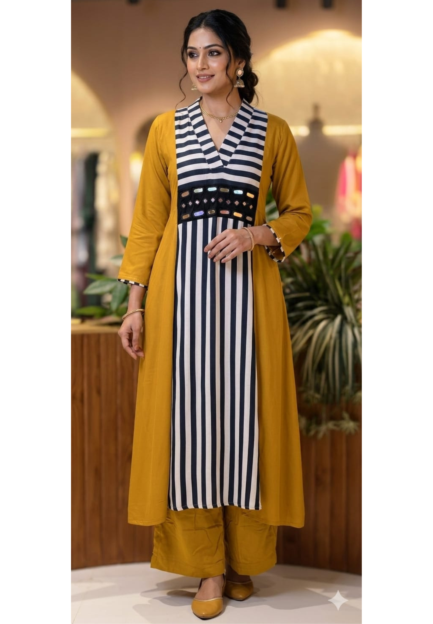 Striking Striped Real Mirror Work Stylish A-Line Kurta With Bottom Set In Gajji Silk Fabric- 13729