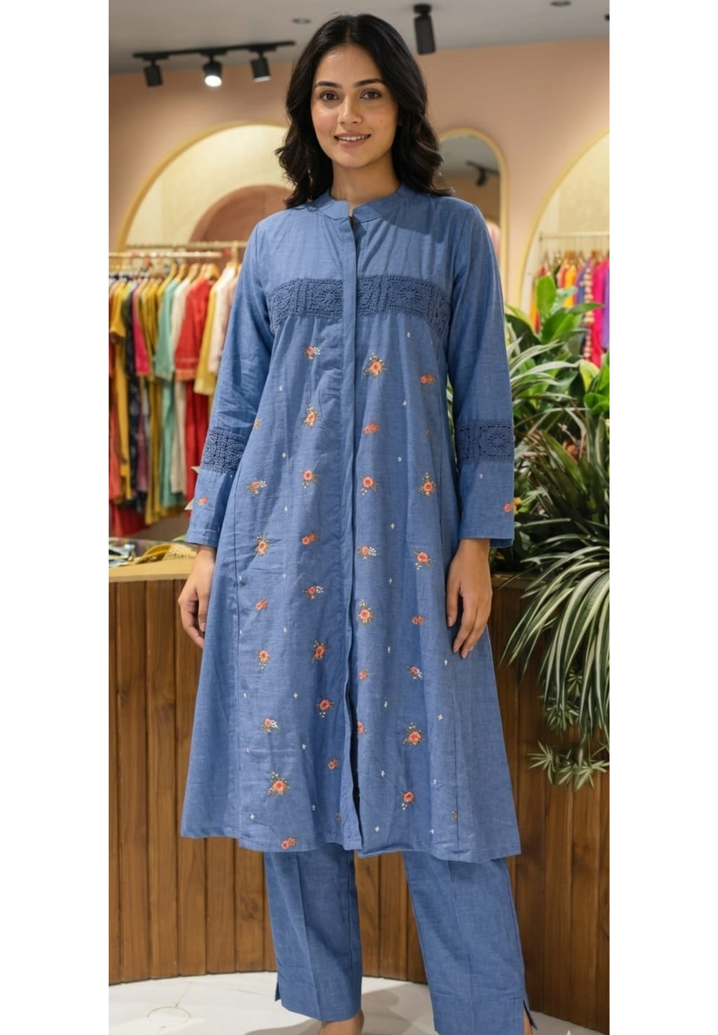 Denim Look Cute Crosia Work Over Waist Floral Embroidery A-Line Kurta Pant Set- 13725