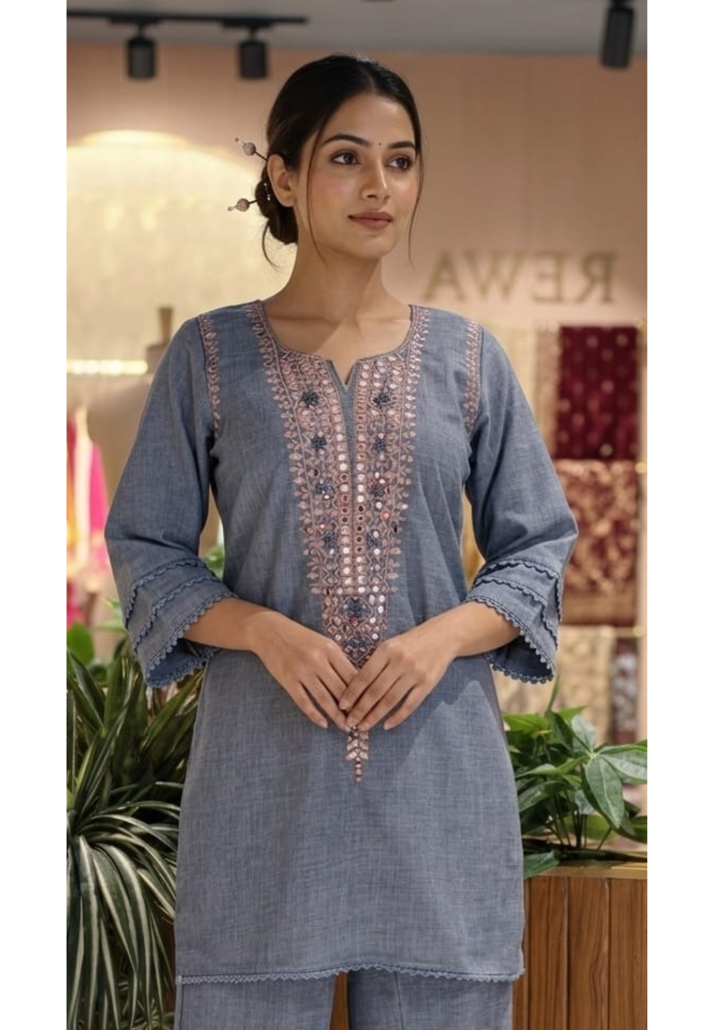 Real Mirror With Thread Upwork Coiled V-Yoke Kurta Pant Set In Jute Cotton Fabric- 13761