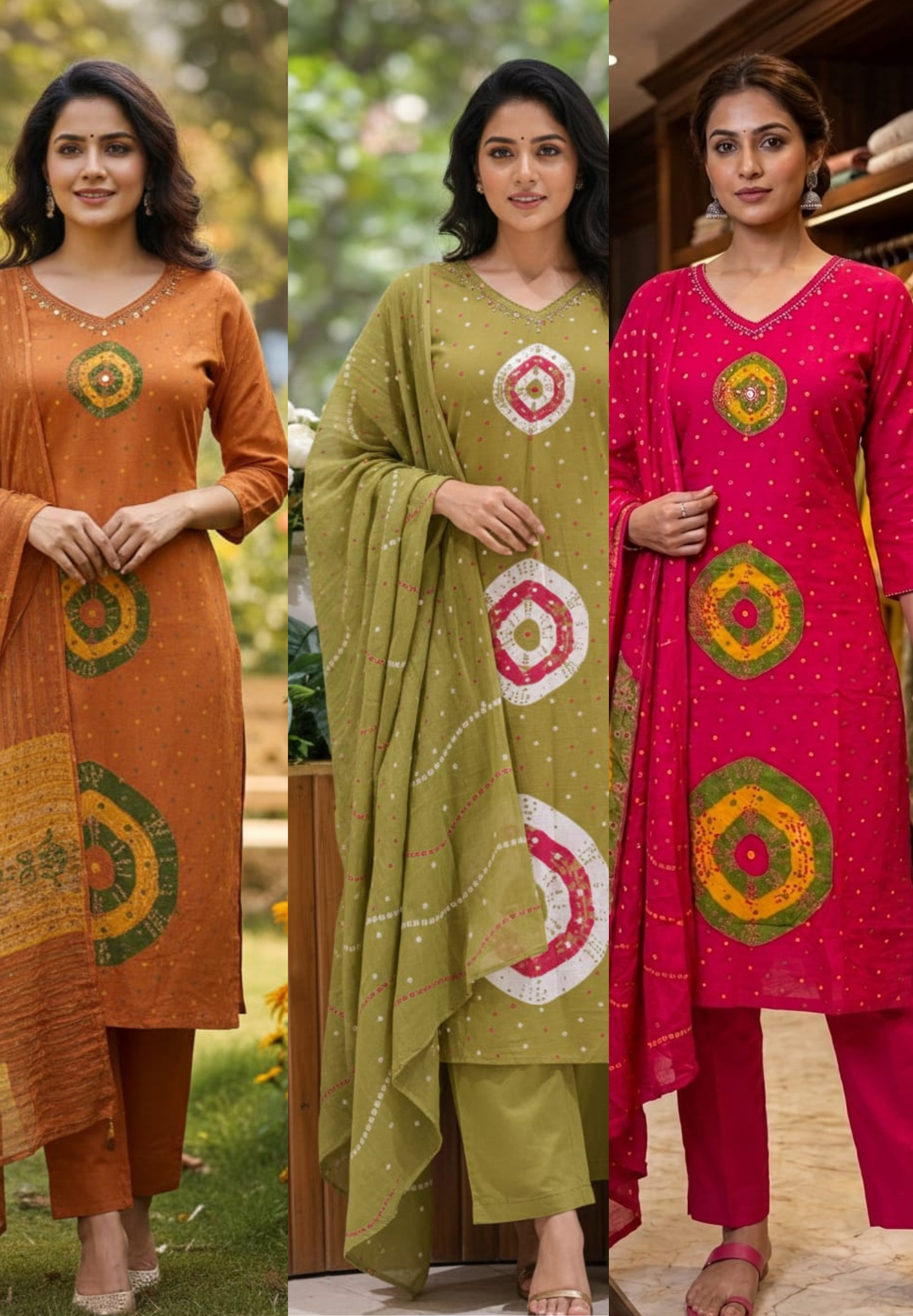 Bandhani With Round Print Very Minimal Neck Line Full Suit Set With Dupatta In Mul Cotton Fabric- 13096