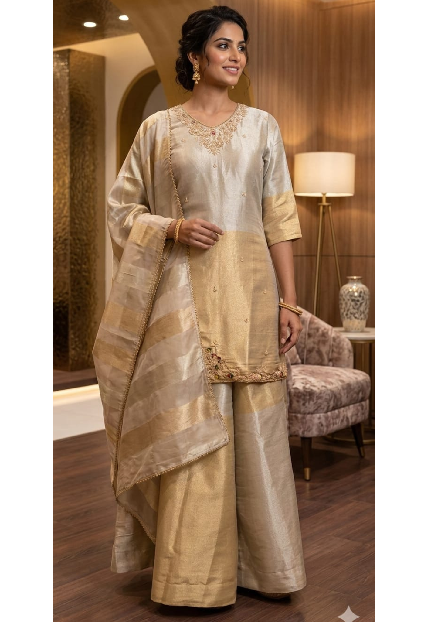 Dual Tone Shiny Premium Tissue Elegance Suttle Embroidery Work Kurta With Skirt Bottom & Dupatta- 13750