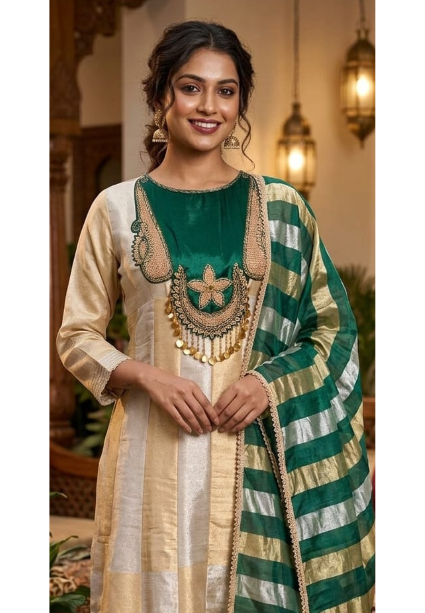 Classic Nior Grand Antique Jewel Look Yoke Tissue Elegance Striking Striped Panel Anarkali Full Suit Set With Dupatta- 13810