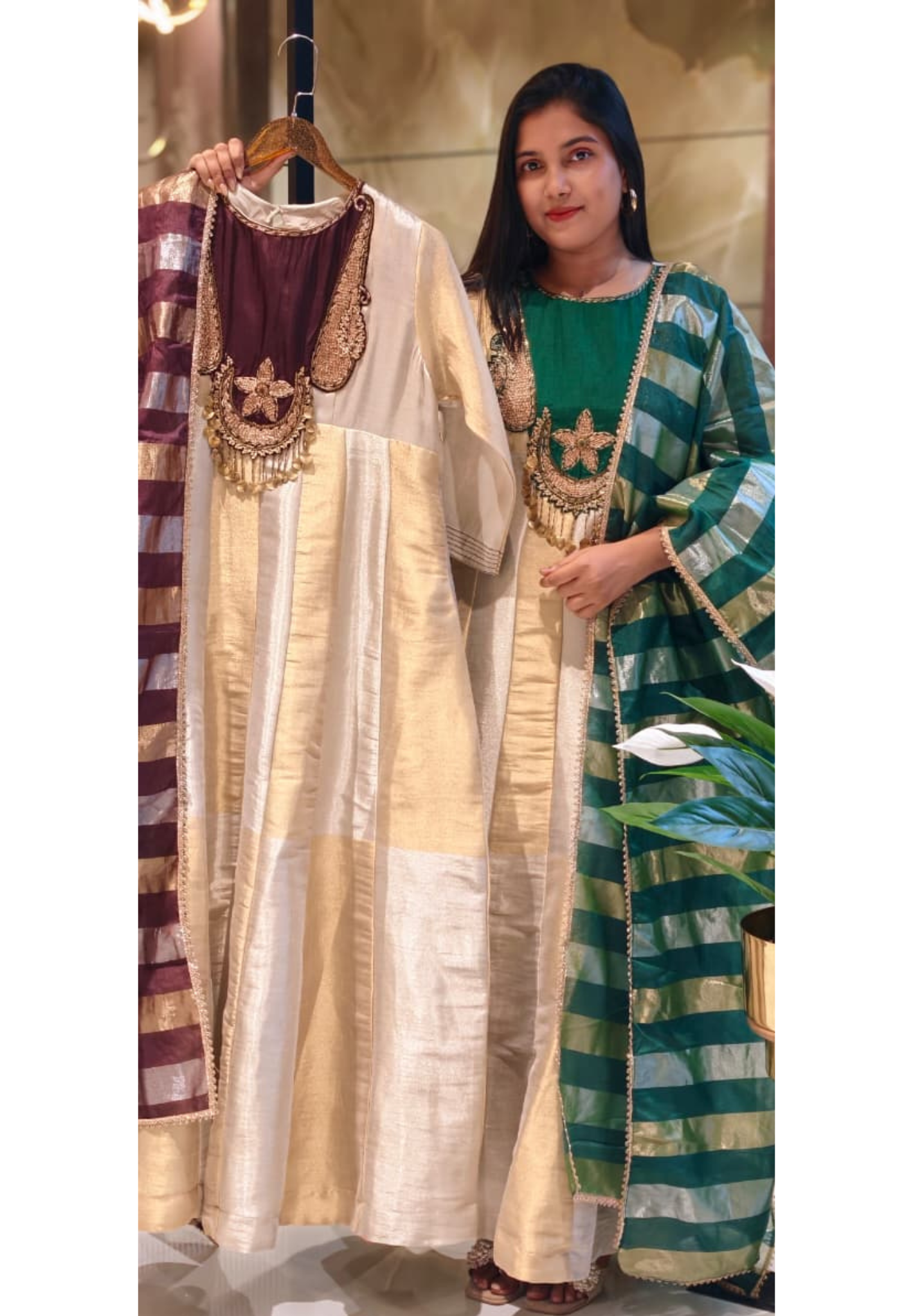 Classic Nior Grand Antique Jewel Look Yoke Tissue Elegance Striking Striped Panel Anarkali Full Suit Set With Dupatta- 13810