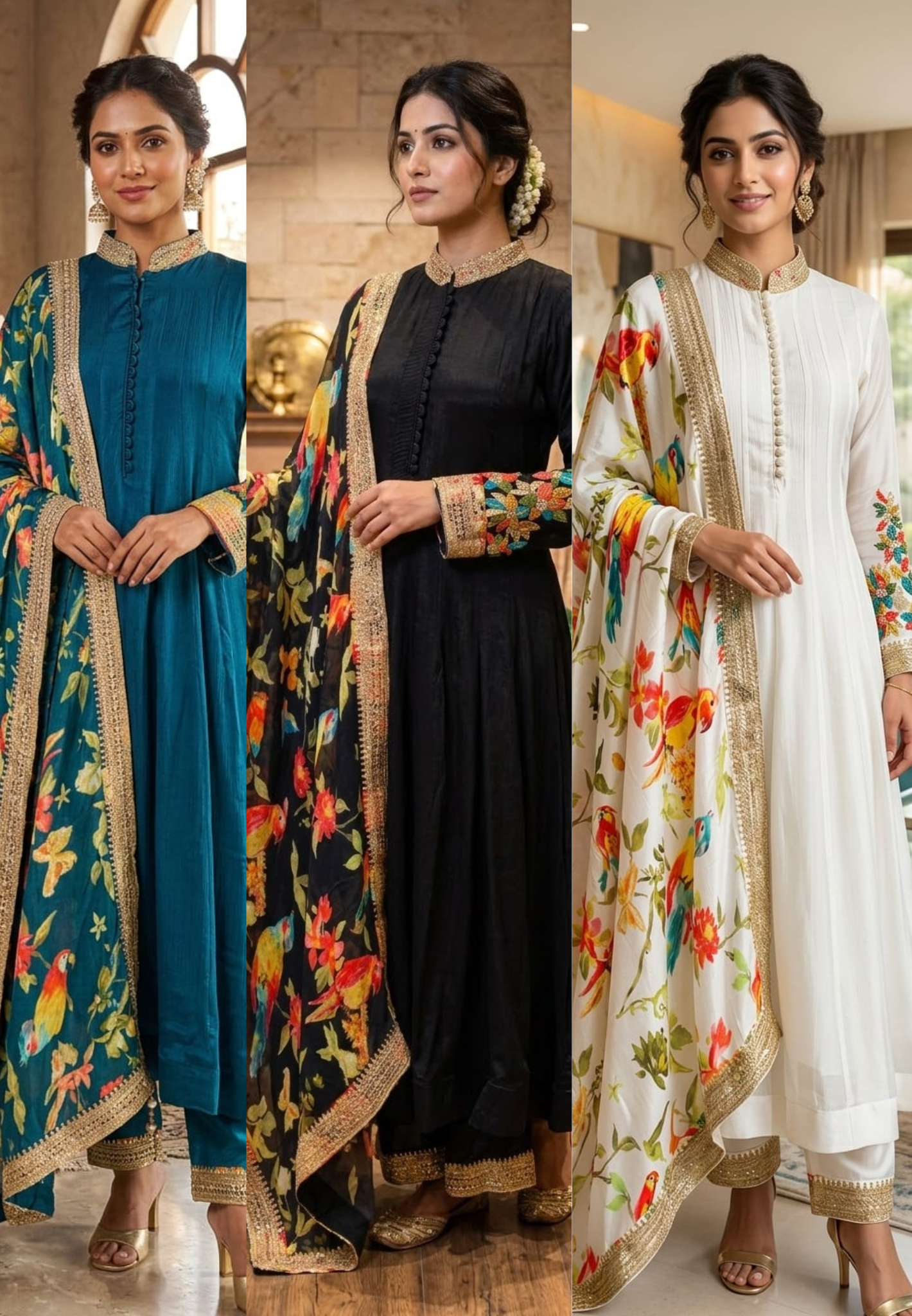 Premium Chinon Panel Anarkali Full Suit Set With Multicolor Floral Embroidery Work In Sleeve & Printed Dupatta- 13751