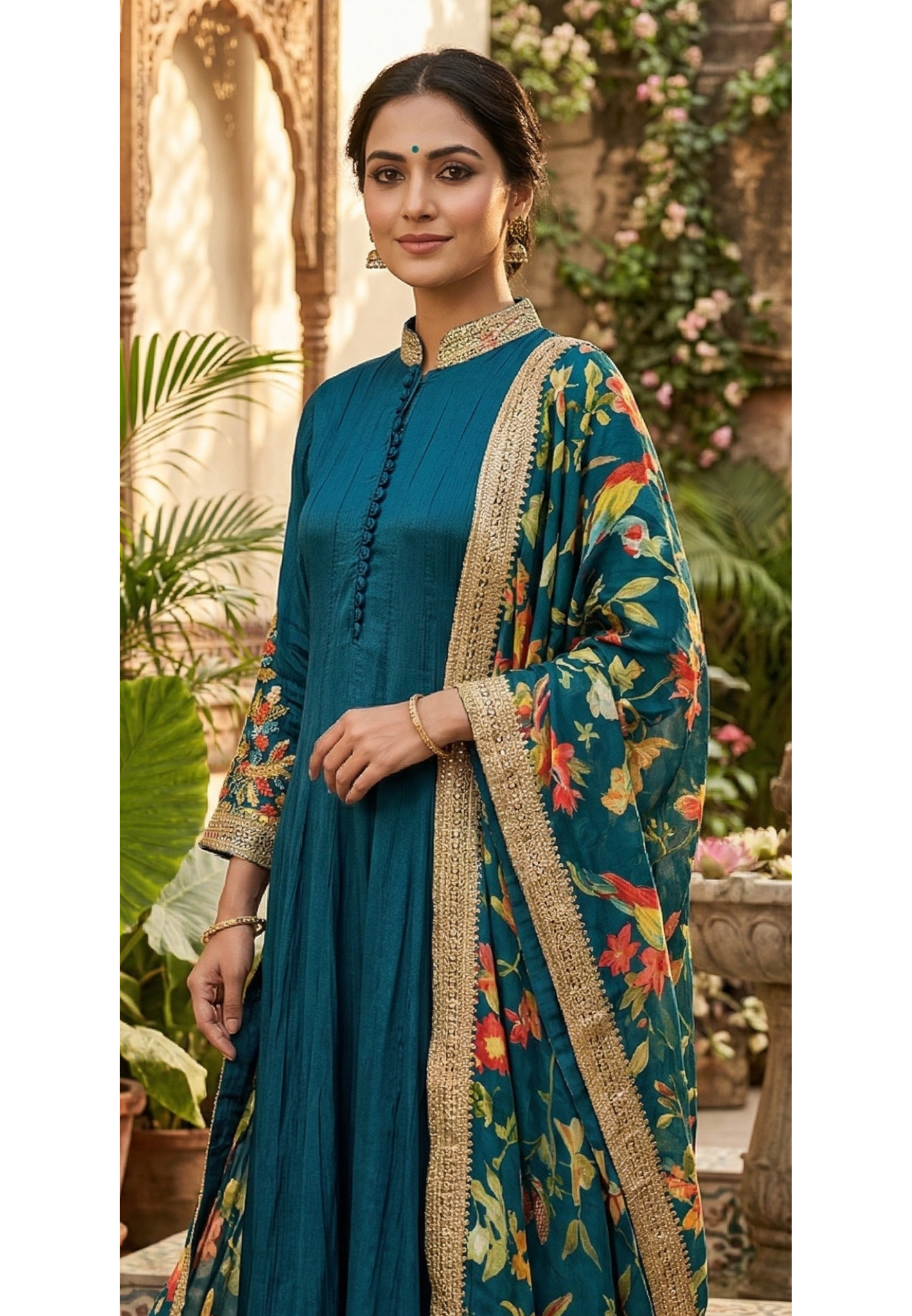 Premium Chinon Panel Anarkali Full Suit Set With Multicolor Floral Embroidery Work In Sleeve & Printed Dupatta- 13751