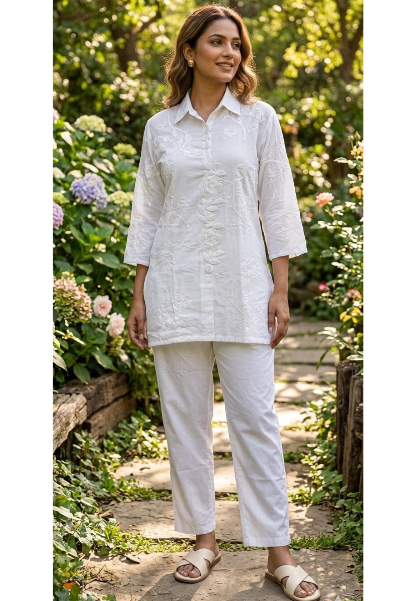 Pearl White Floral Embroidered Premium Cotton Co-Ord Set With Tiny Pearl & Sequin Placket- 13829