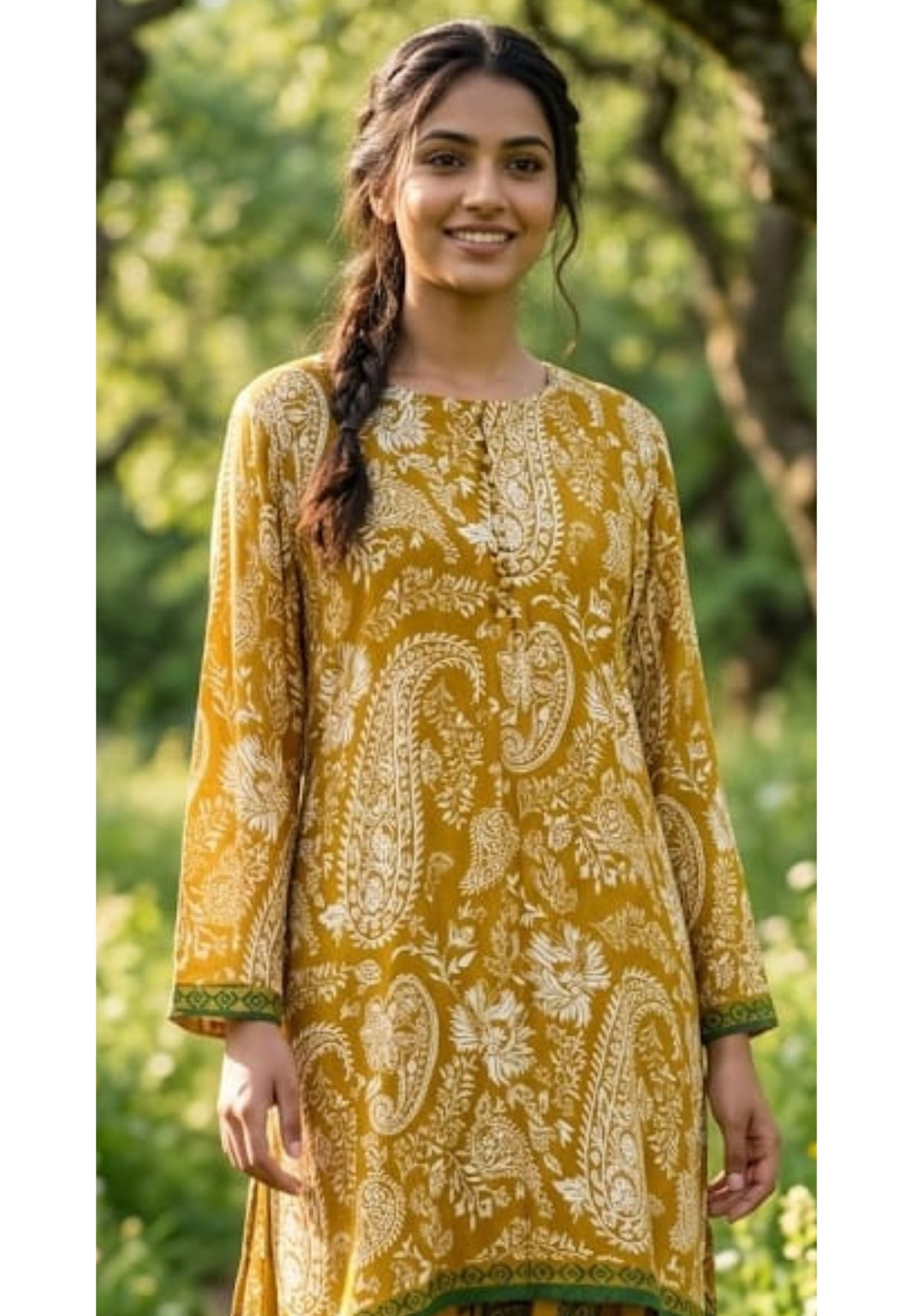 Graceful Mustard Mango Buti Printed Farsi Bottom Co-Ord Set In Modal Satin Fabric- 13799