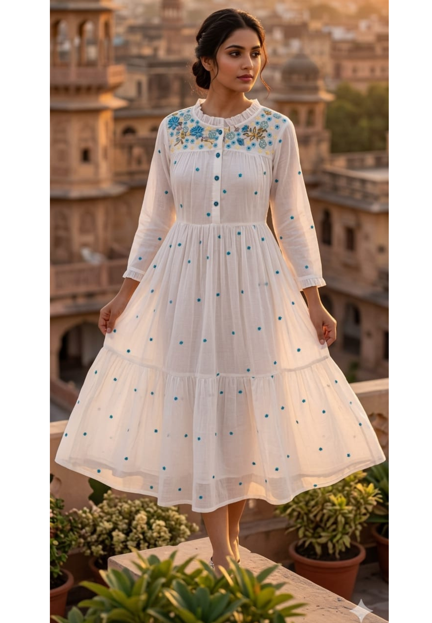 Elegant White Soft Mul Cotton Frock with Delicate Blue Flower Embroidery Round Neck Button 13853