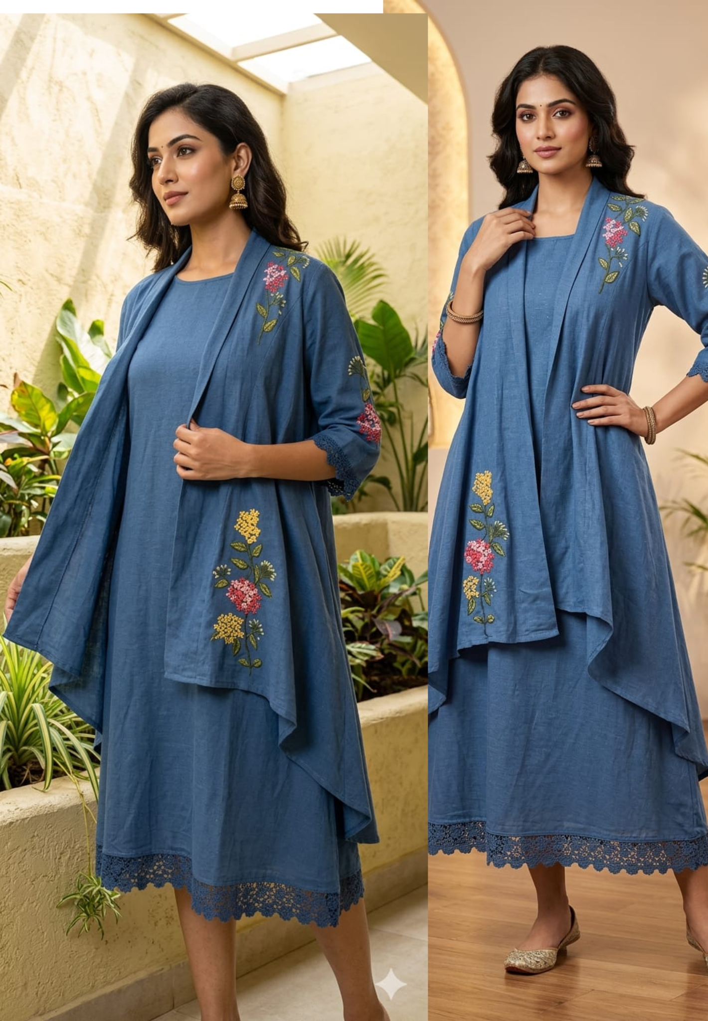 Stylish Denim Style Blue Cotton Indowestern Kurti with Embroidered Jacket and Intricate lace Hemline 13850
