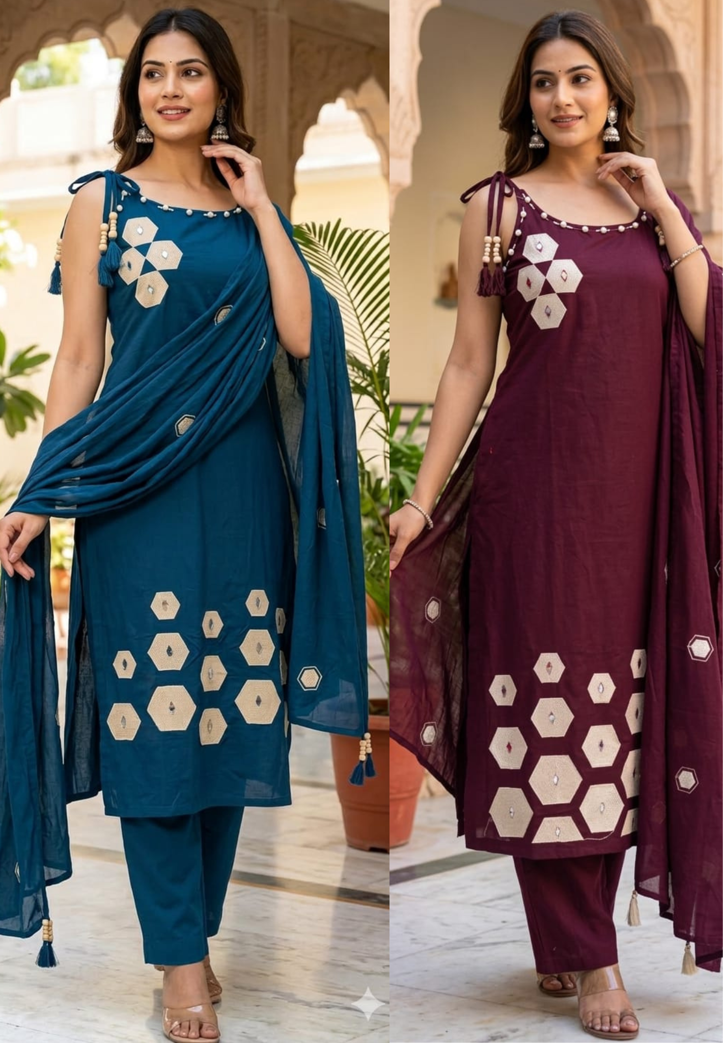 Summer Style Slevless Noodel Strap Cotton Embroidered Full Suit Set 13843
