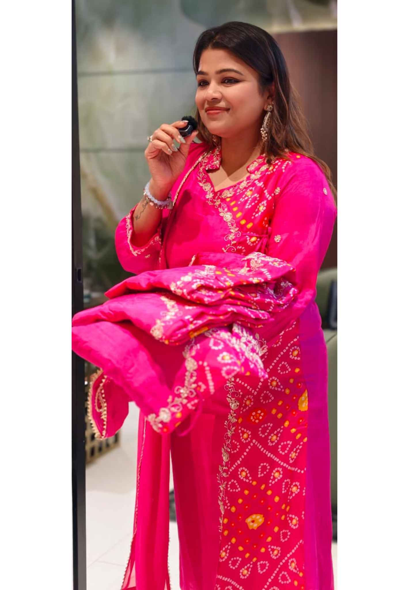 Dola Silk Rani Pink Ethnic Suit Set With Floral Embroidered Neckline Bhandhani Print Angrakha Pattern Full Suit Set 13854