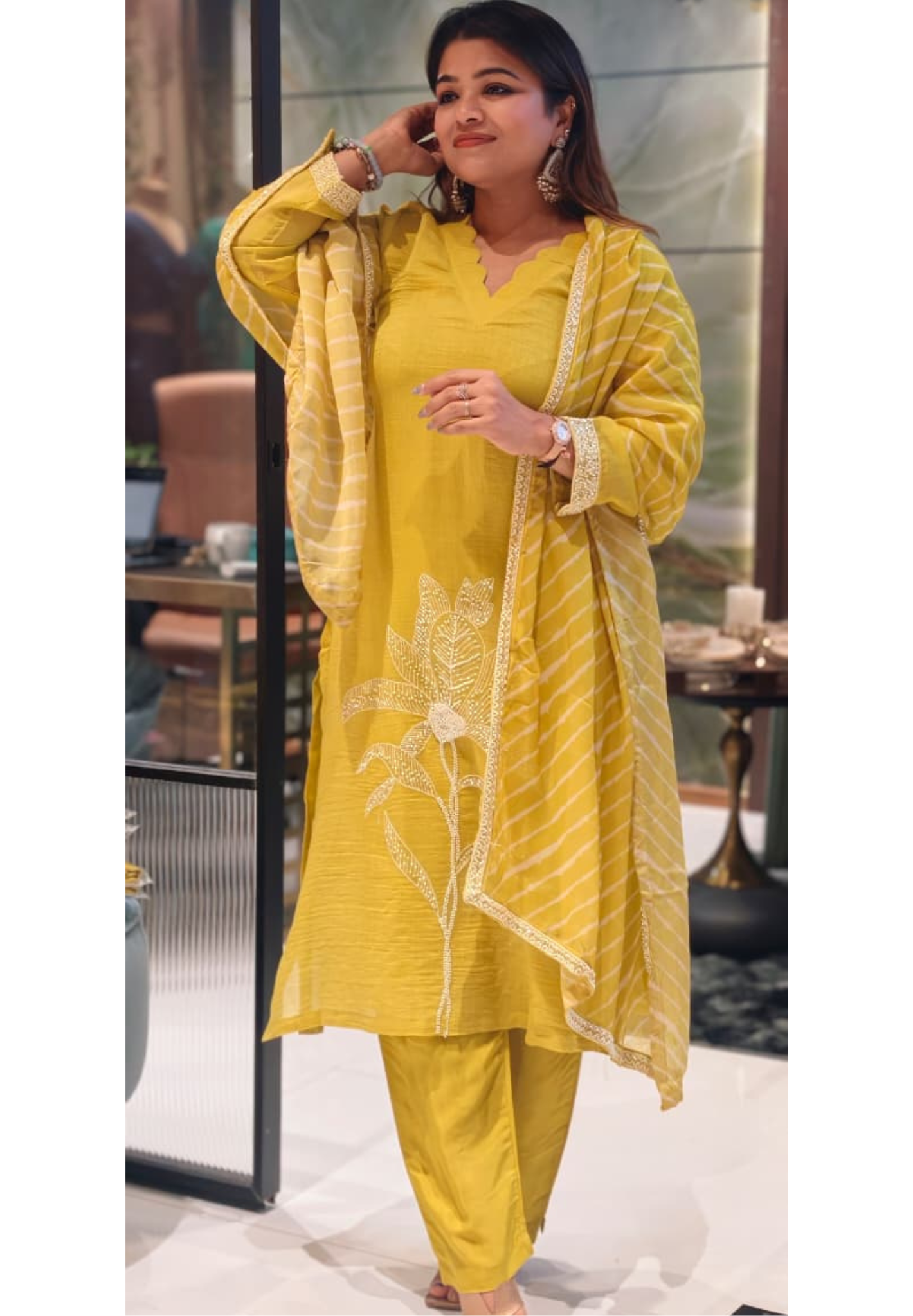 Mustard Yellow Floral Embroidered Kurta Pant Set with Striped Organza Dupatta Fabric Pure Banarasi Mulchanderi -13790
