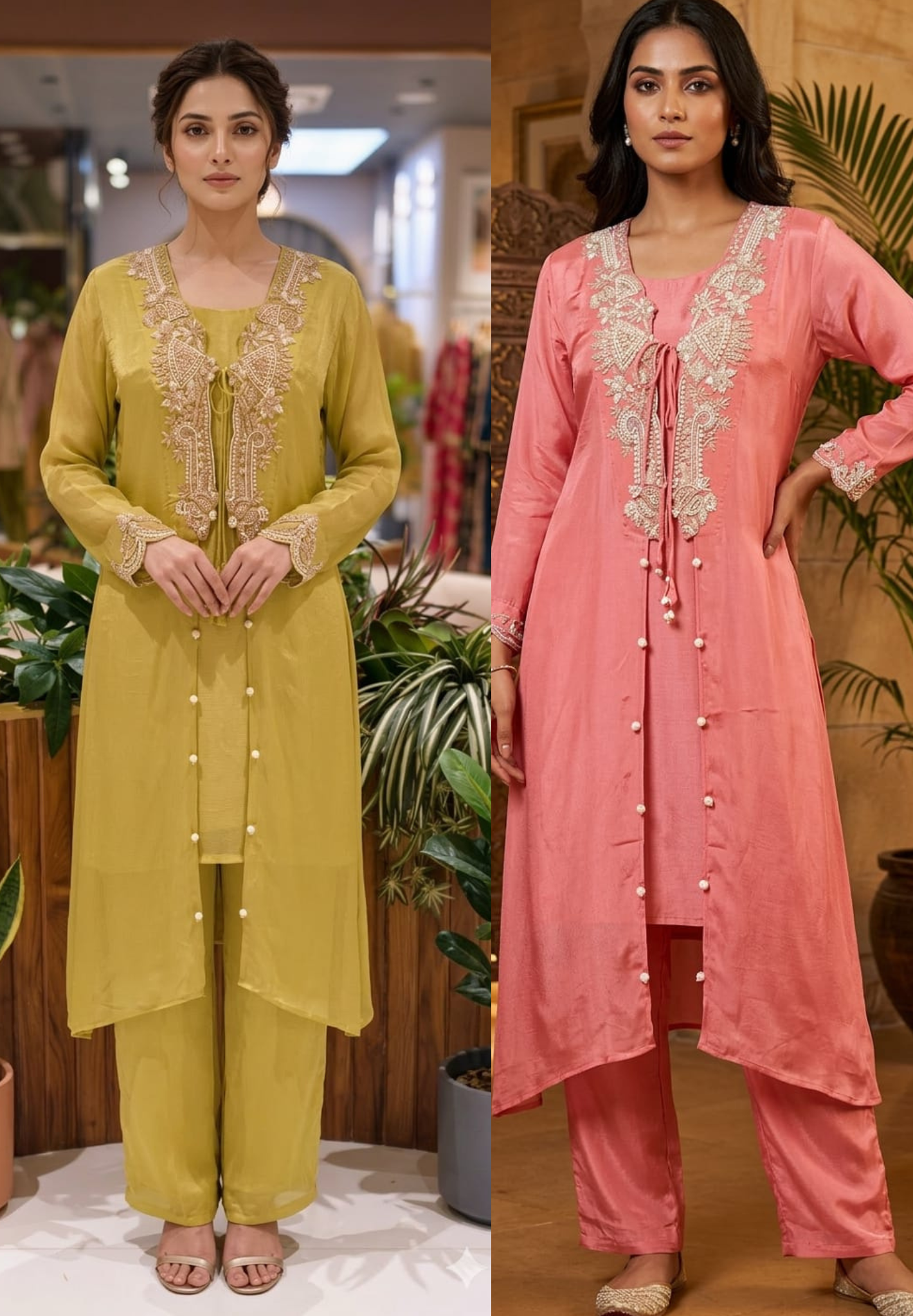 Luxury Chinon Indo Western Hand Embroidered Neckline, Tassel Detailing and Elegant Sheer Finish-13820