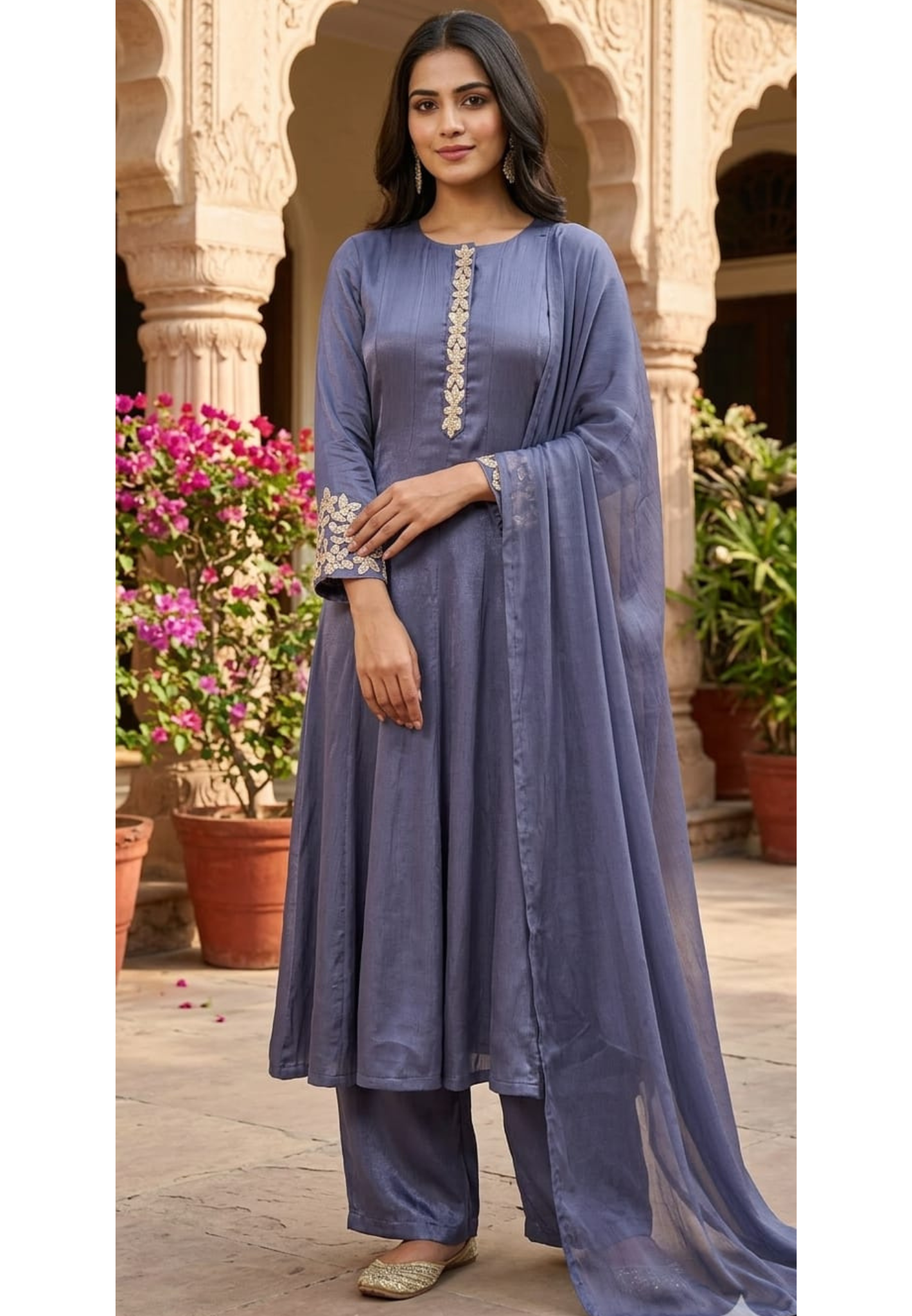 Premium Chinon Anarkali Suit Set with embroidered neckline and embellished sleeve cuffs-13848