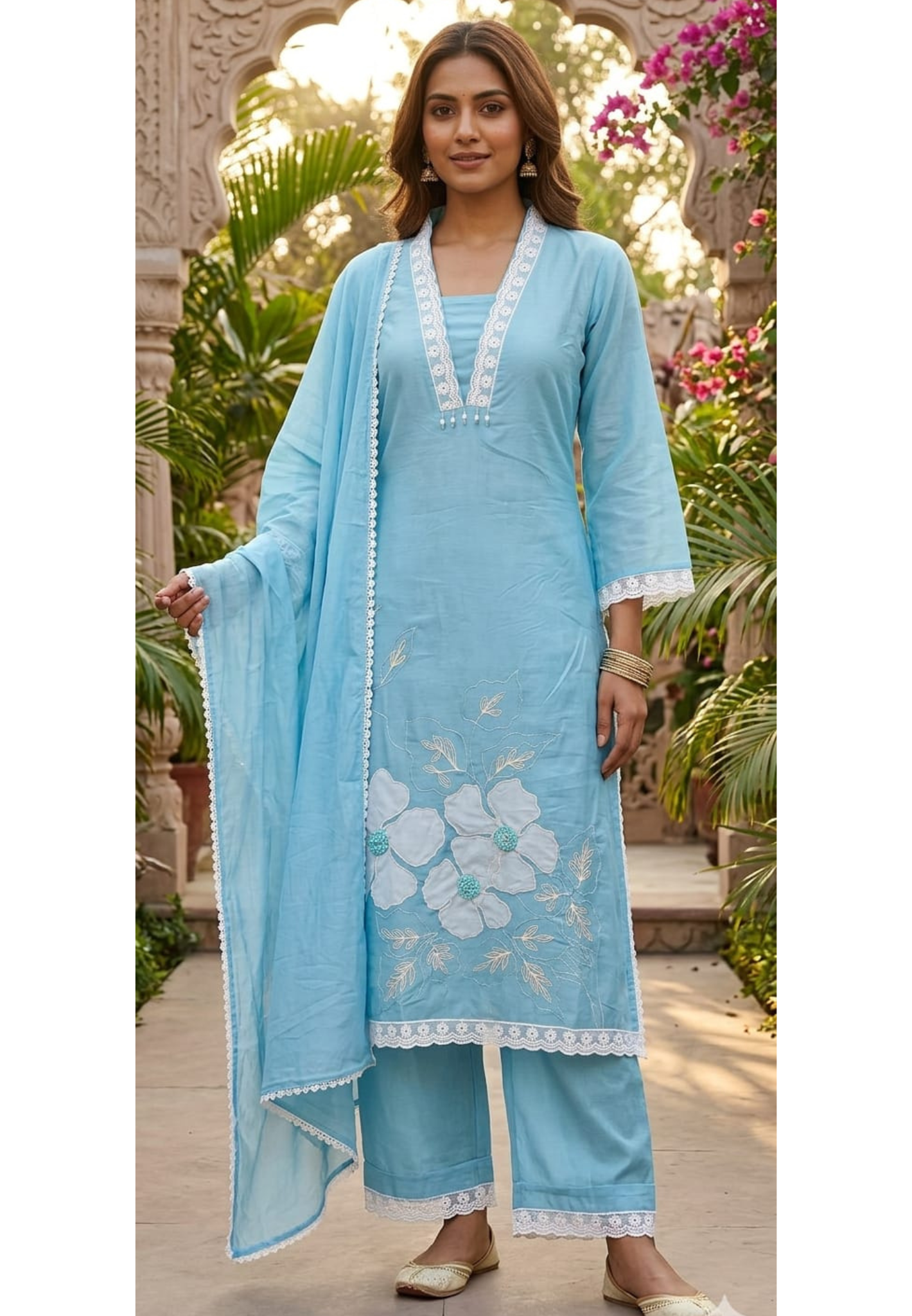 Elegant Sky Blue Surat Mulchanderi Cotton Kurta Set with Floral Embroidery, Straight Pants & Lace Detailed Dupatta-13900