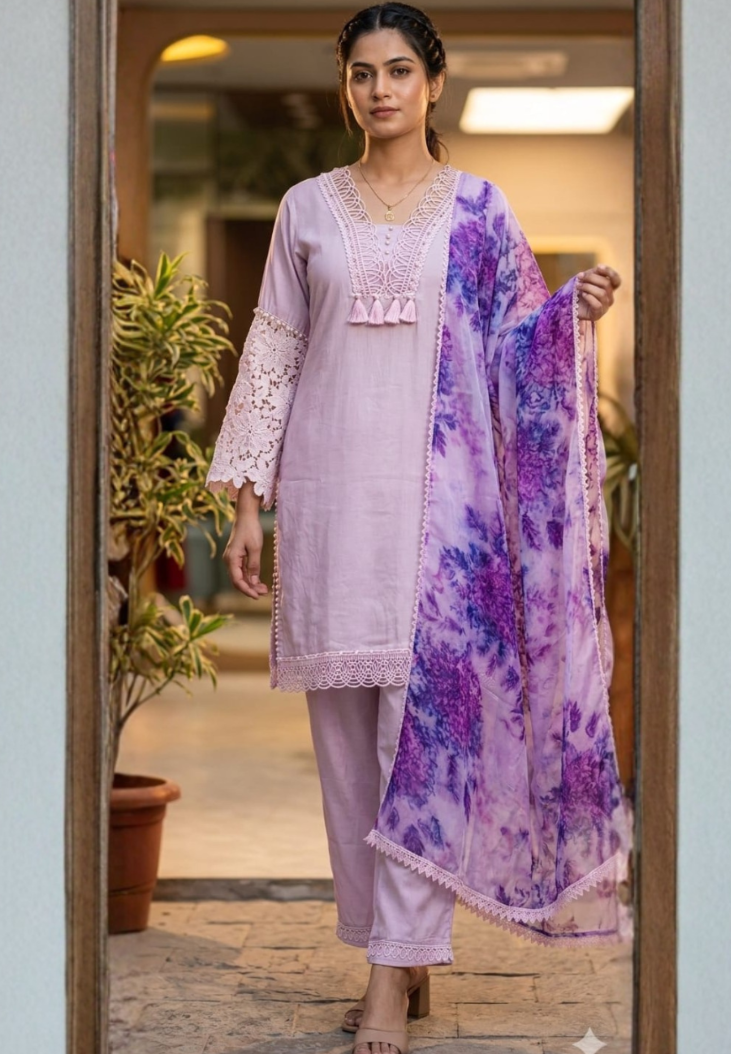 Muslin Fabric Pakistani Style Purple Shade Lace Work Flare Sleeves Short Kurta Full Suit With Dupatta Set-13834