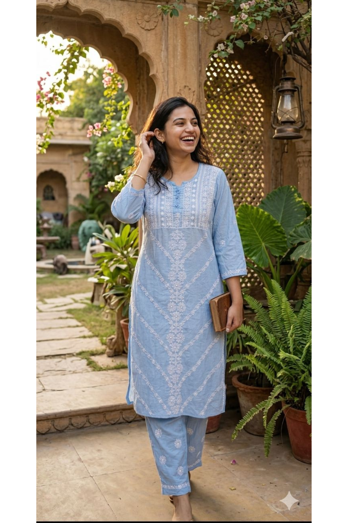 Mul Chanderi Lucknowi Style Embroidered Kurta Pant Set-13952