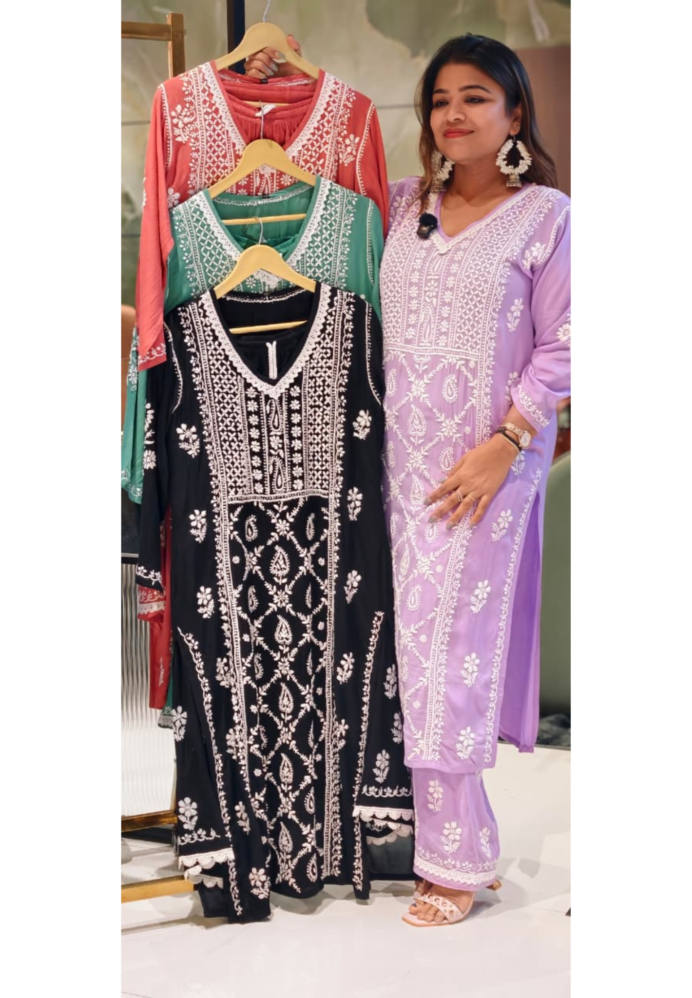 Beautiful Muslin Fabric without Lining Lucknowi style kurta pant set with Intricate White Thread Embroidery -13947