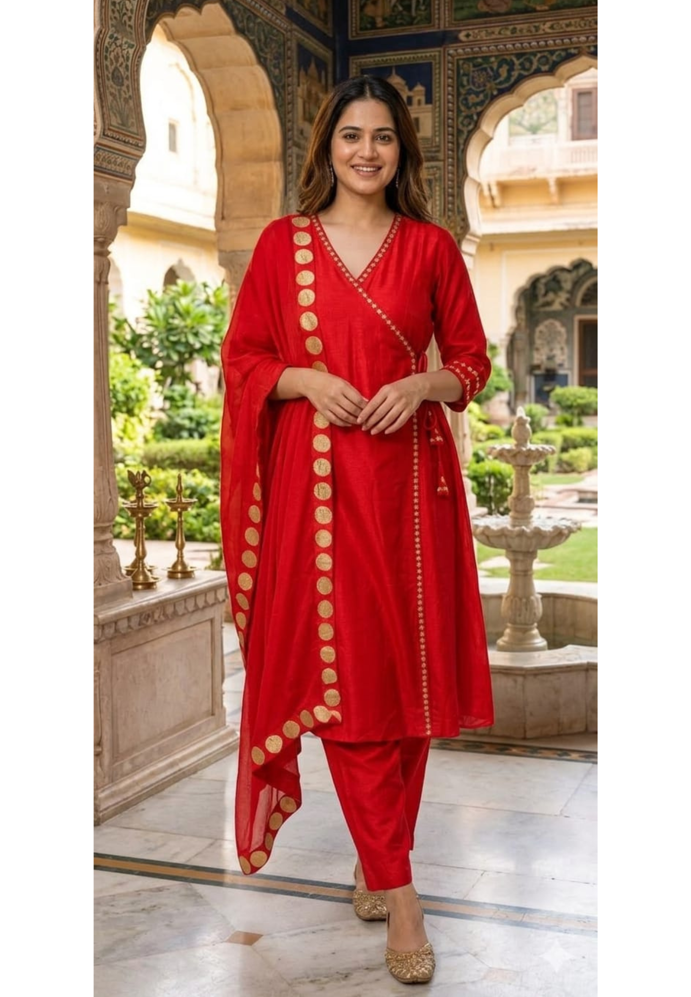 Radiant Red Silk Kurta Set with Gold Foil Detailing Dupatta Angrakha pattern 11977