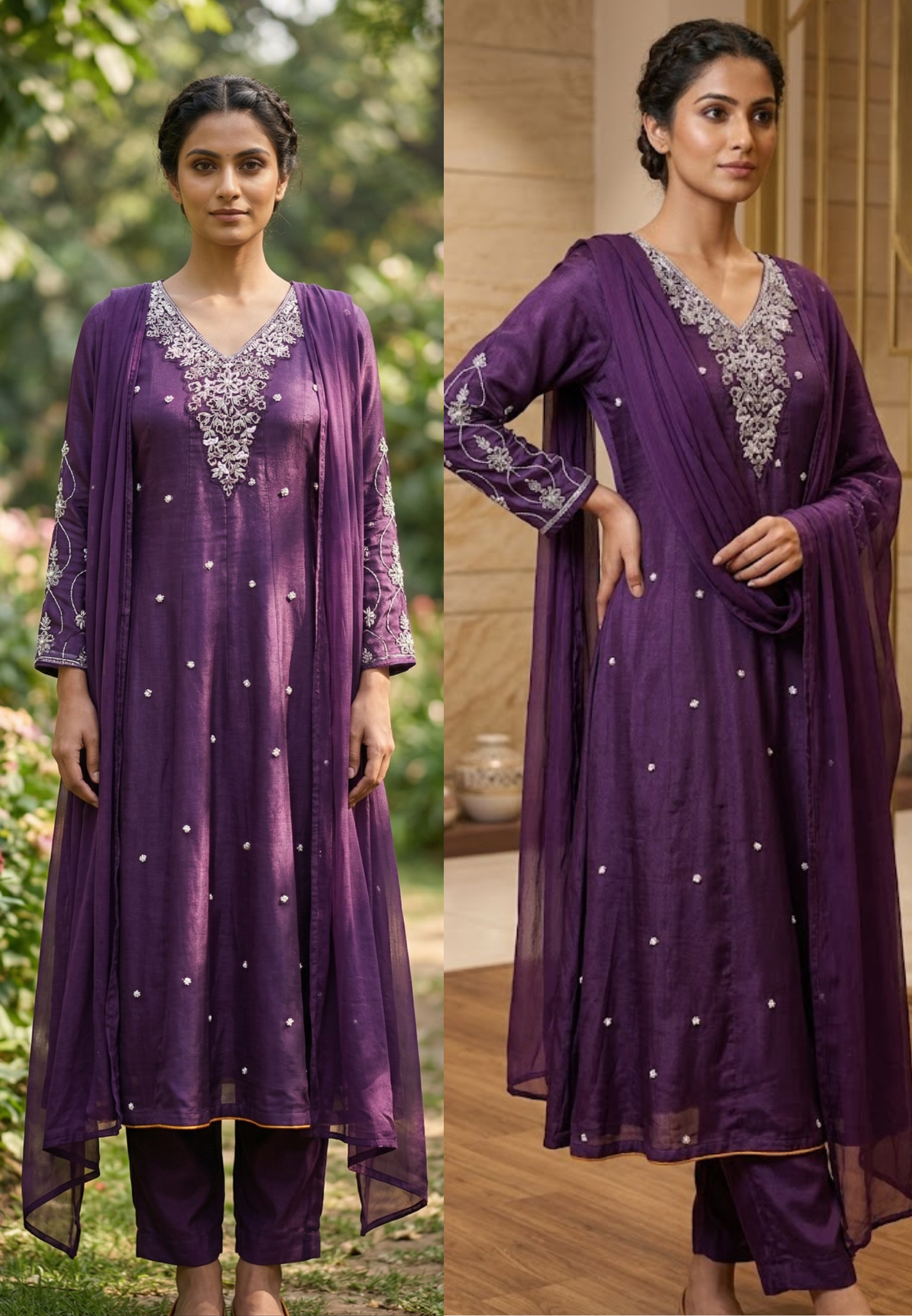 Beautiful Hand Embroidered Pannel Anarkali in Chinon Fabric Full Set-13887