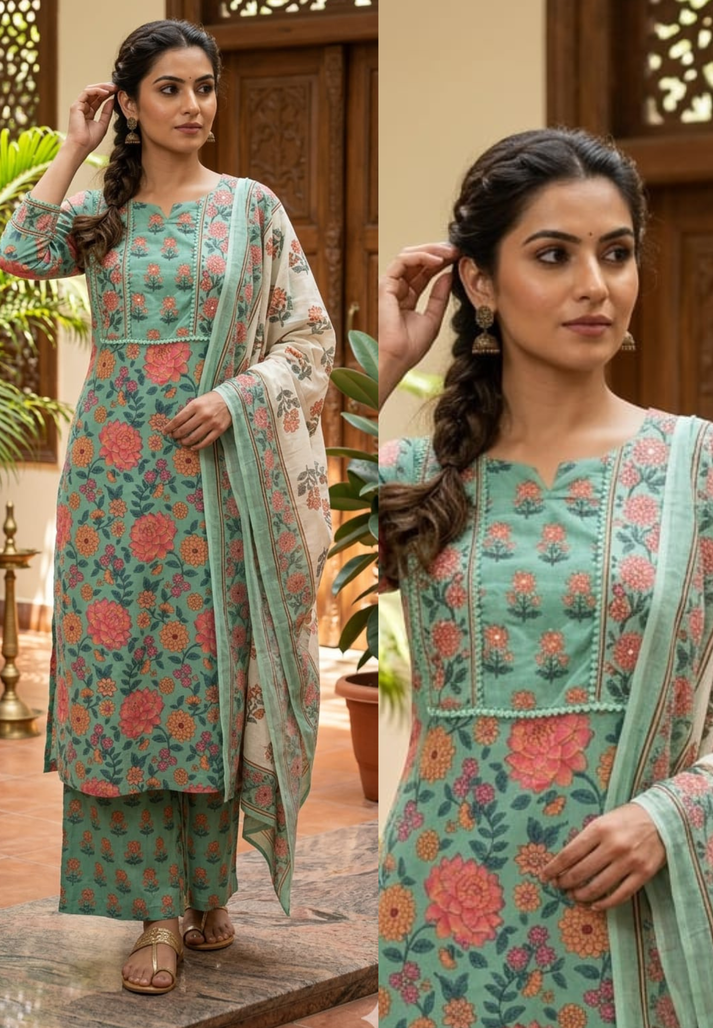 Spring Vibe Complete Floral Print With Minimal Crosia Lined Cotton Full Suit Set With Dupatta