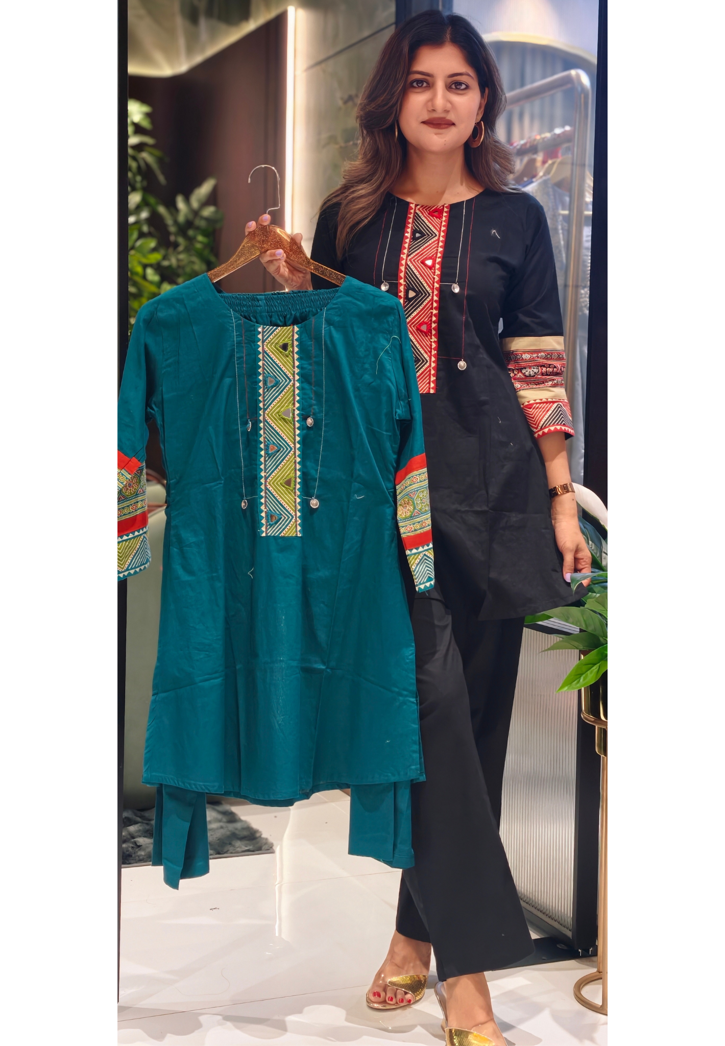 Tribal-Inspired Geometric Embroidery with Mirror Accents and Tailored Bottom-13794