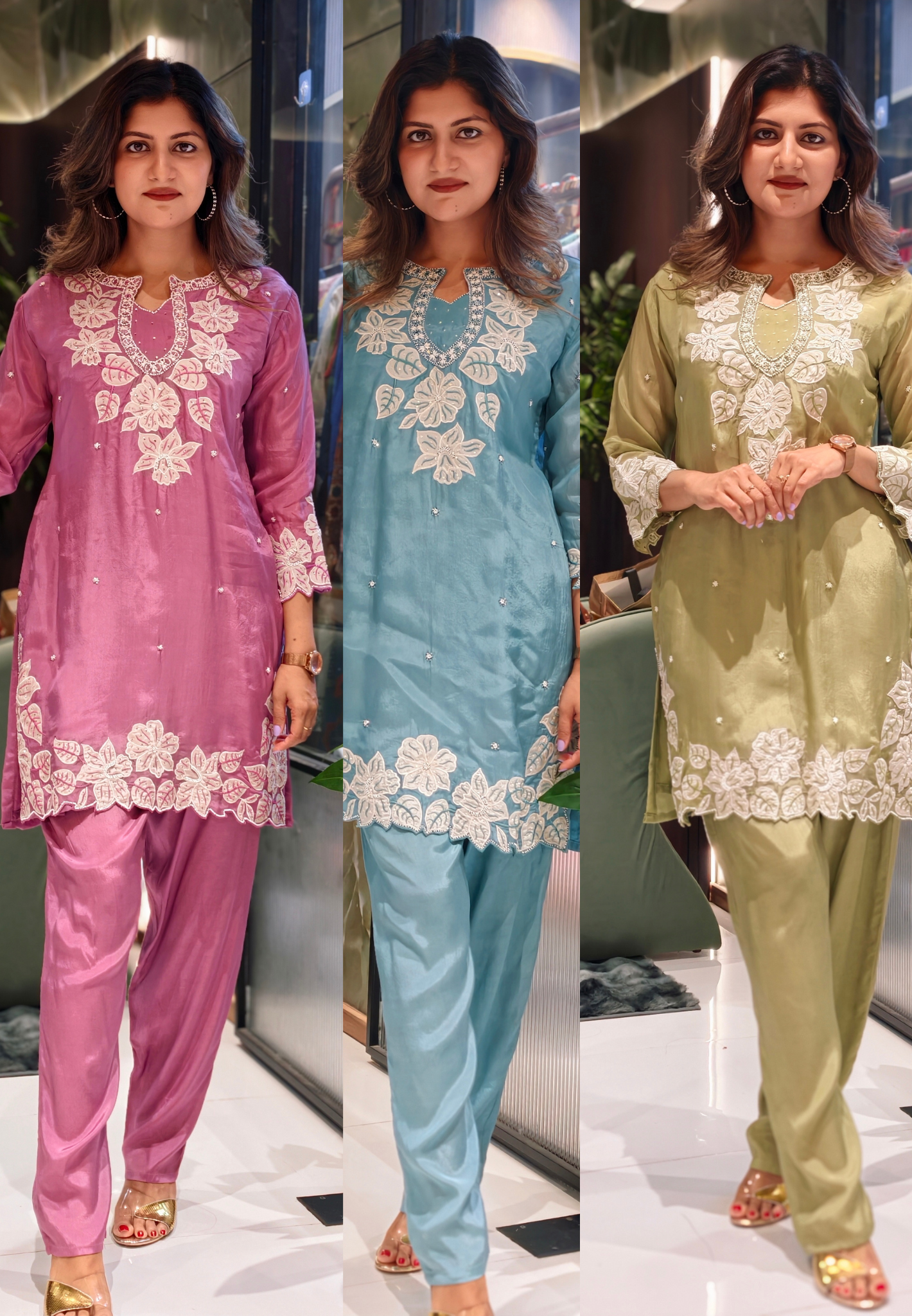 Ethereal Blooms: Hand-Embroidered Organza Silk Co-ord Set with Scalloped Lace Detailing13917