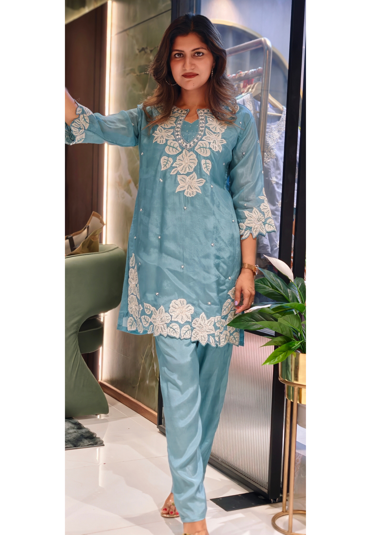 Ethereal Blooms: Hand-Embroidered Organza Silk Co-ord Set with Scalloped Lace Detailing13917