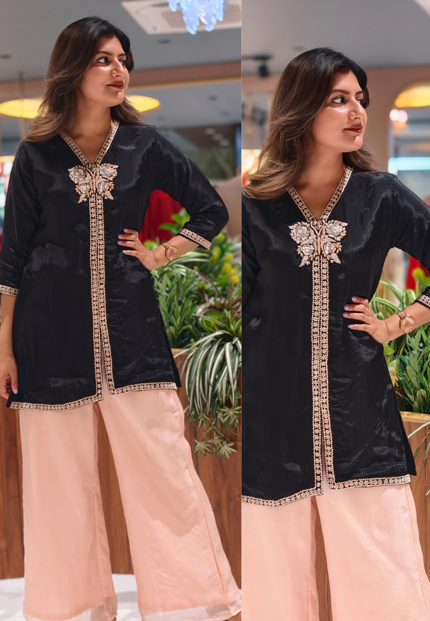 Midnight Bloom Hand-Embroidered Butterfly Tunic & Pale Rose Palazzo Ensemble13927
