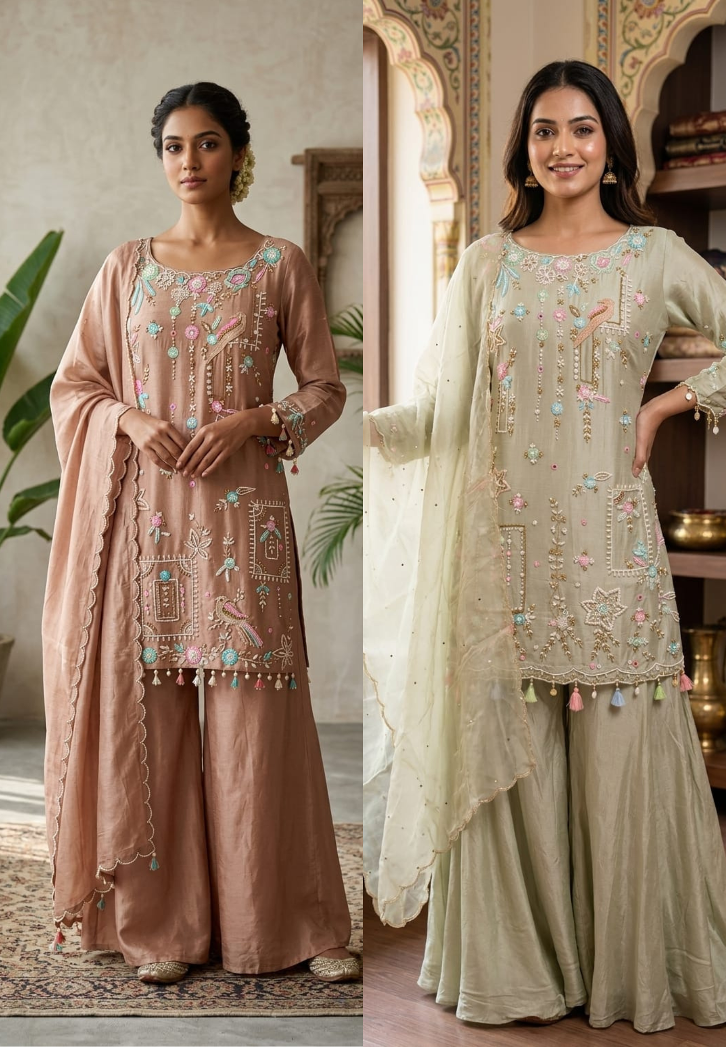 Designer Embroidered Kurti with Sharara Set & Dupatta Thread Work Ethnic Ensemble with Tassel Russian Silk Fabric-13908 RB11