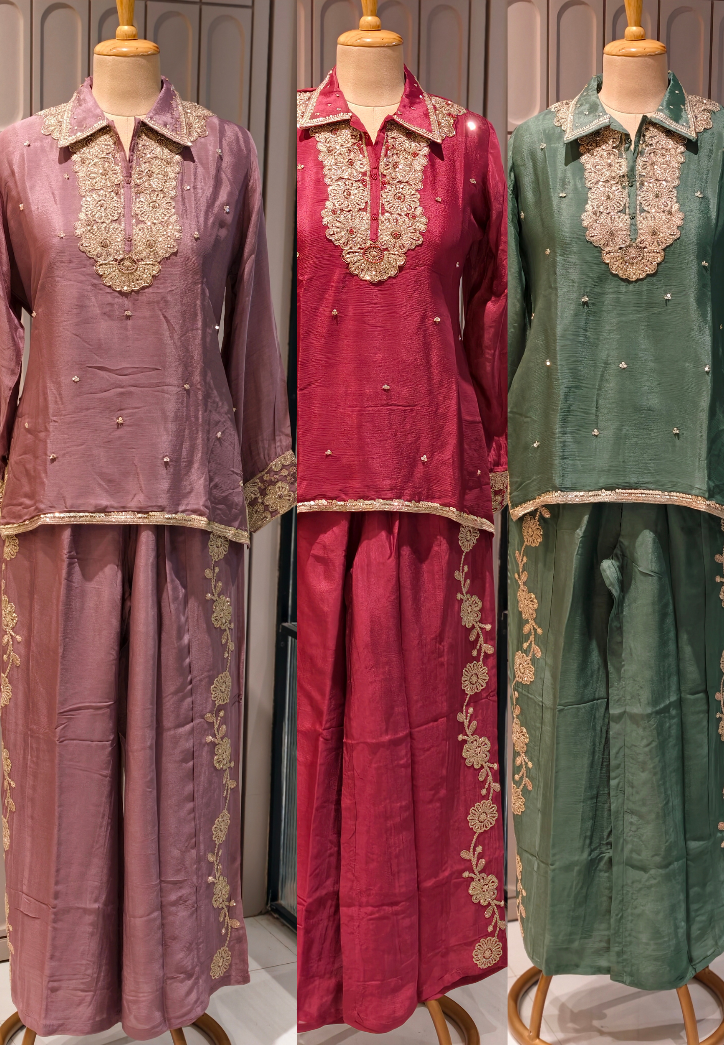 Designer Shirt Style Kurta Luxury Chinon Fabric Co-Ord Set with Intricate Embroidery 13996 RB07