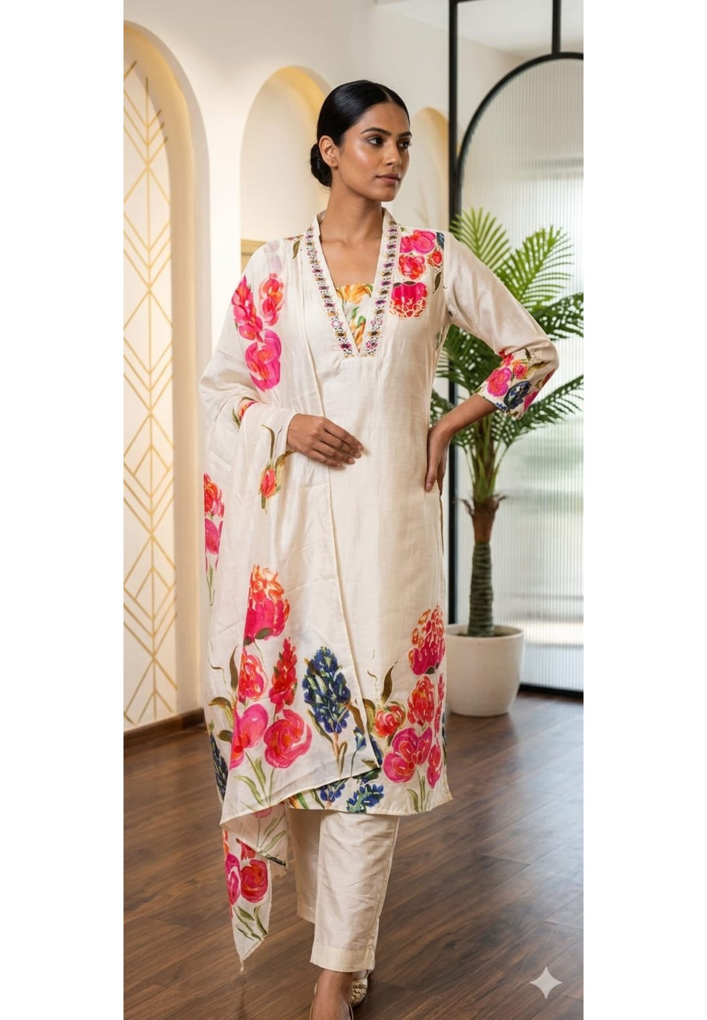 Elegant Line Fabric Floral Printed Kurta Set with Embellished V-Neckline Straight Pant and Dupatta-13909 RB09