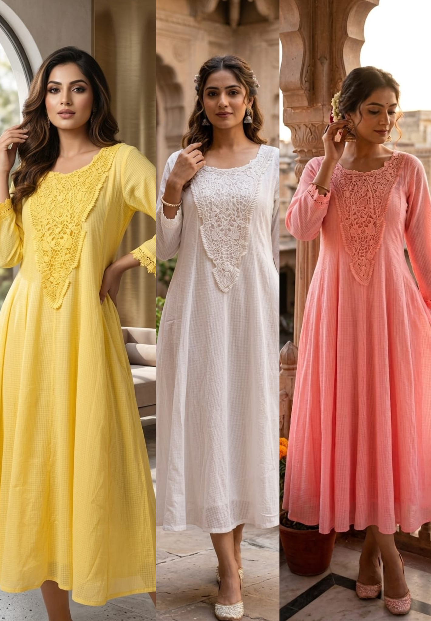 Graceful Checks Cotton Flared Gown with Lace Neck Detailing Soft Pastel Summer Collection 13984 RB04