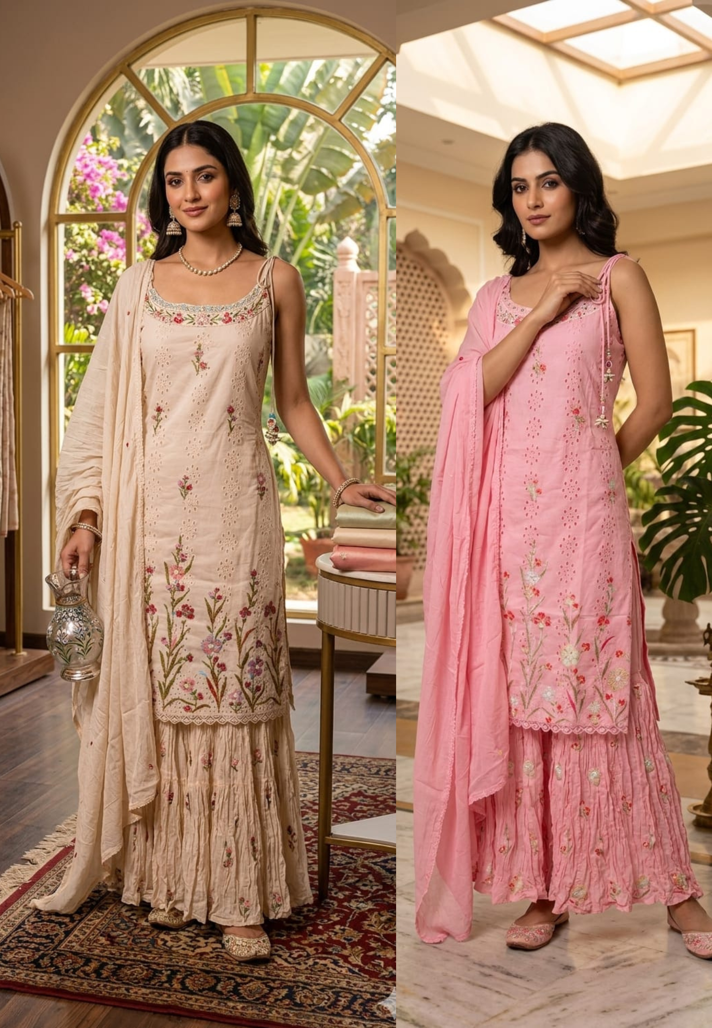 Elegant Sleeveless Noodle Strap Kurti with Skirt Set – Floral Embroidered Designer Suit 13959 RB14