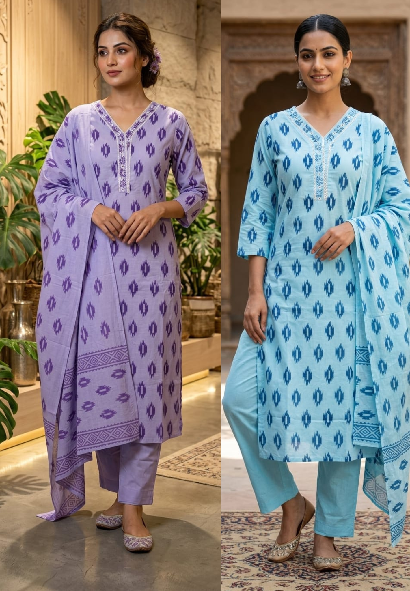 Soft Breathable Ethnic Suit with Ikat Inspired Motifs for Summer Special Cotton Full Suit Set 13965-RB15