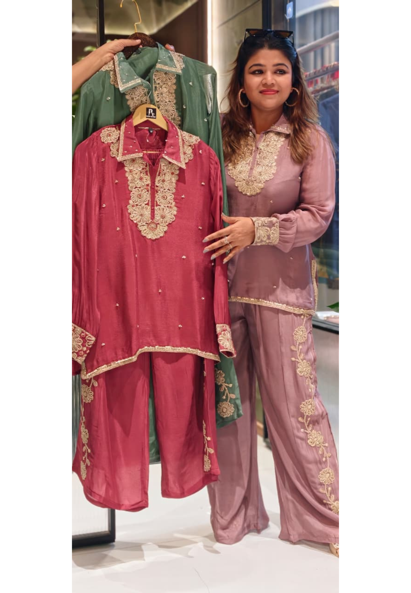 Designer Shirt Style Kurta Luxury Chinon Fabric Co-Ord Set with Intricate Embroidery 13996 RB07