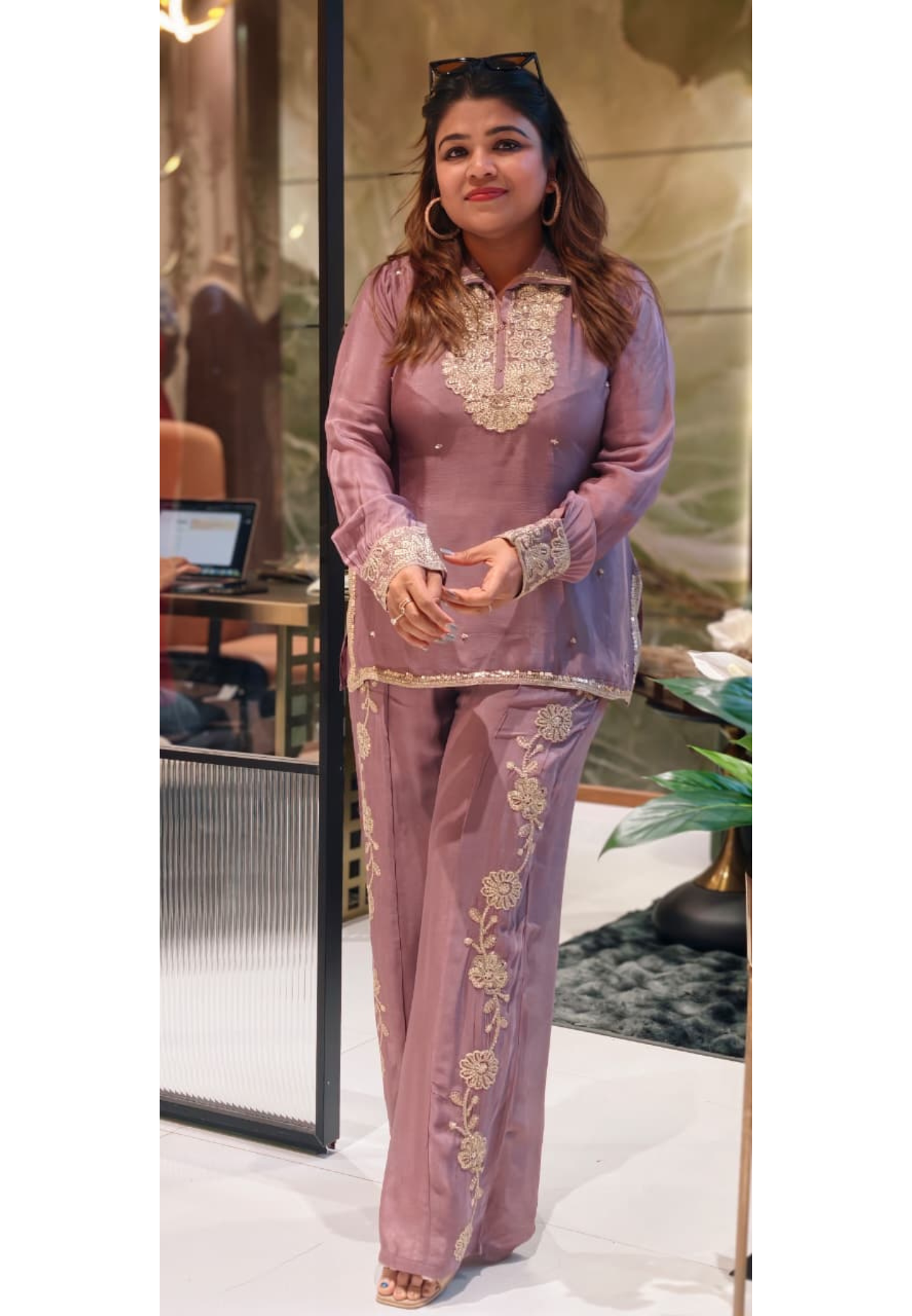 Designer Shirt Style Kurta Luxury Chinon Fabric Co-Ord Set with Intricate Embroidery 13996 RB07