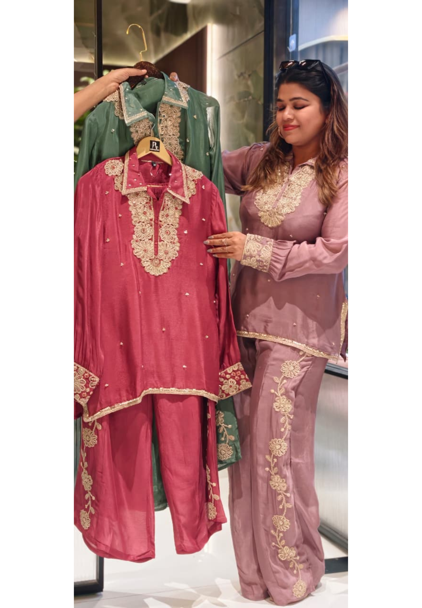 Designer Shirt Style Kurta Luxury Chinon Fabric Co-Ord Set with Intricate Embroidery 13996 RB07