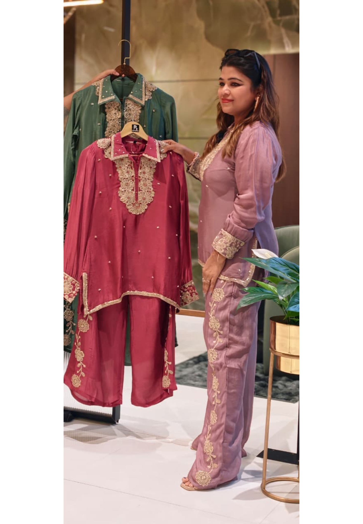 Designer Shirt Style Kurta Luxury Chinon Fabric Co-Ord Set with Intricate Embroidery 13996 RB07