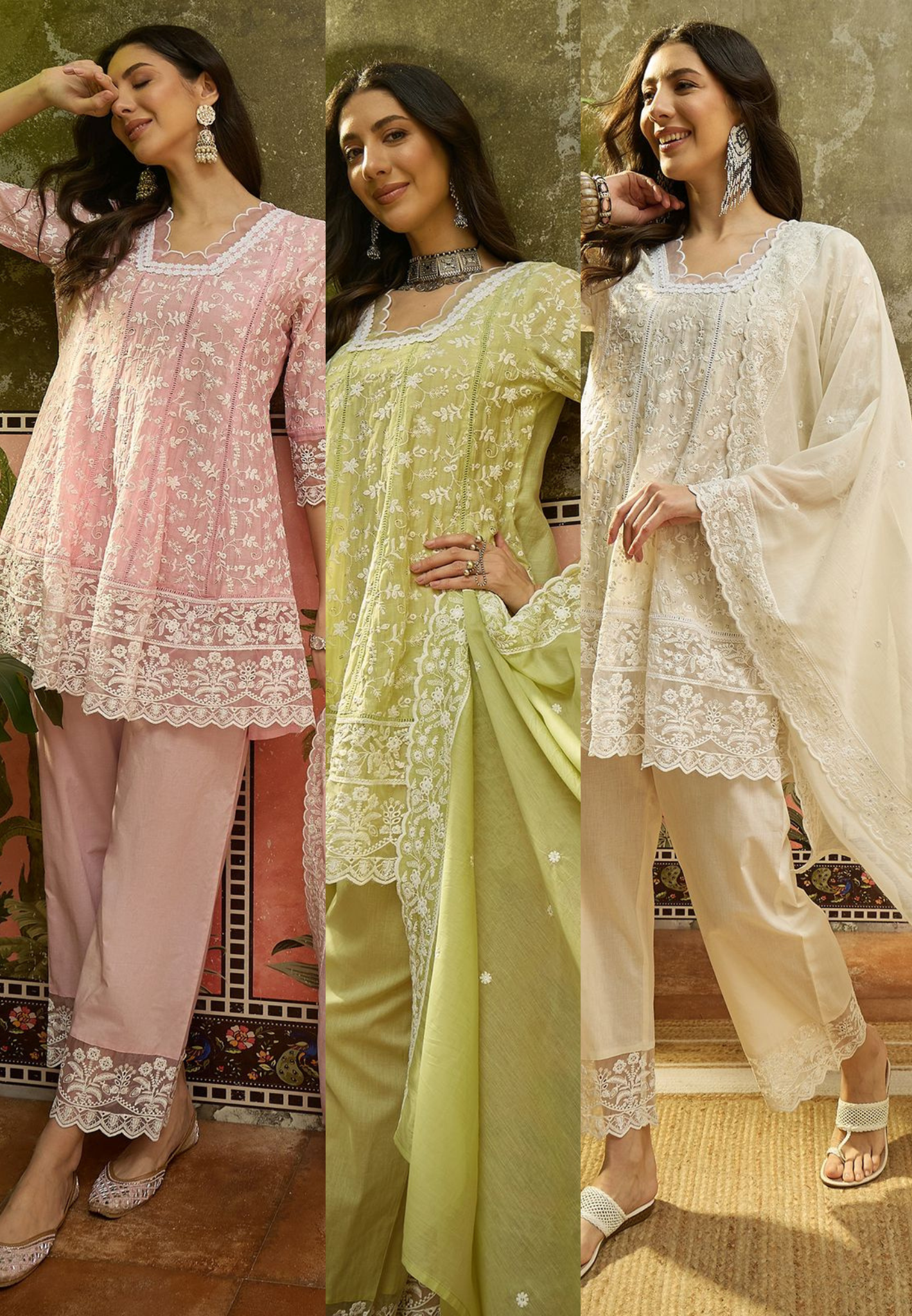 Soft Pastel Embroidered Ensemble Elegant Chikankari Style Peplum Short Kurta Full Suit Set -14023 RB30