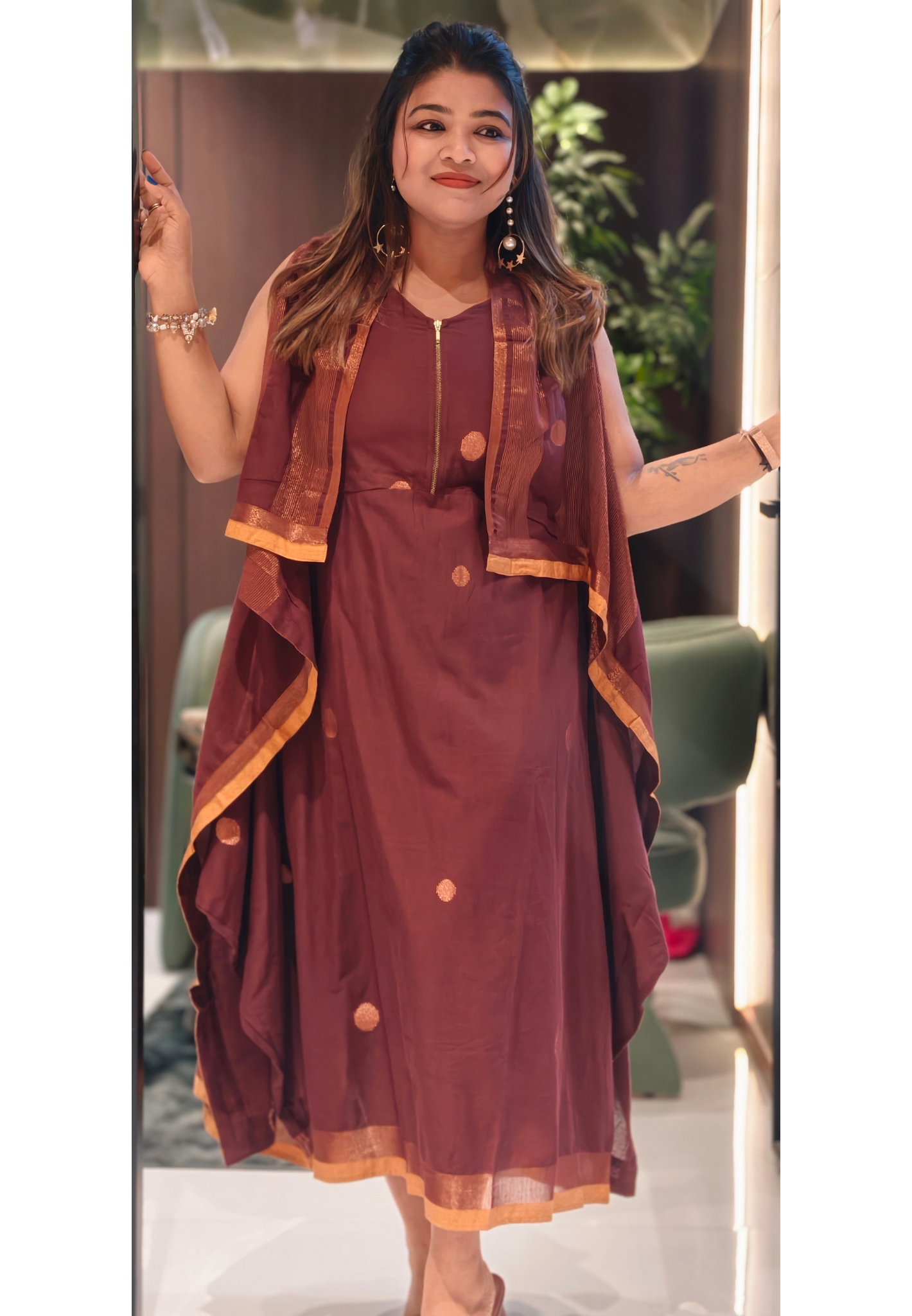 Elegant Brown Jamdani Midi Dress with Stylish Overlay Jacket Separate Sleeves inside 14049 RB55