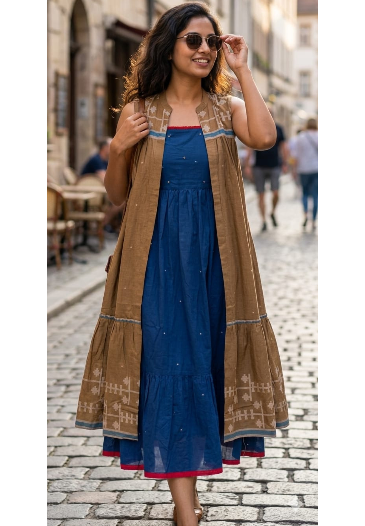 Indigo Cotton Mul Midi Dress with Handcrafted Detailing & Statement Overlay Jacket 14066 RB57